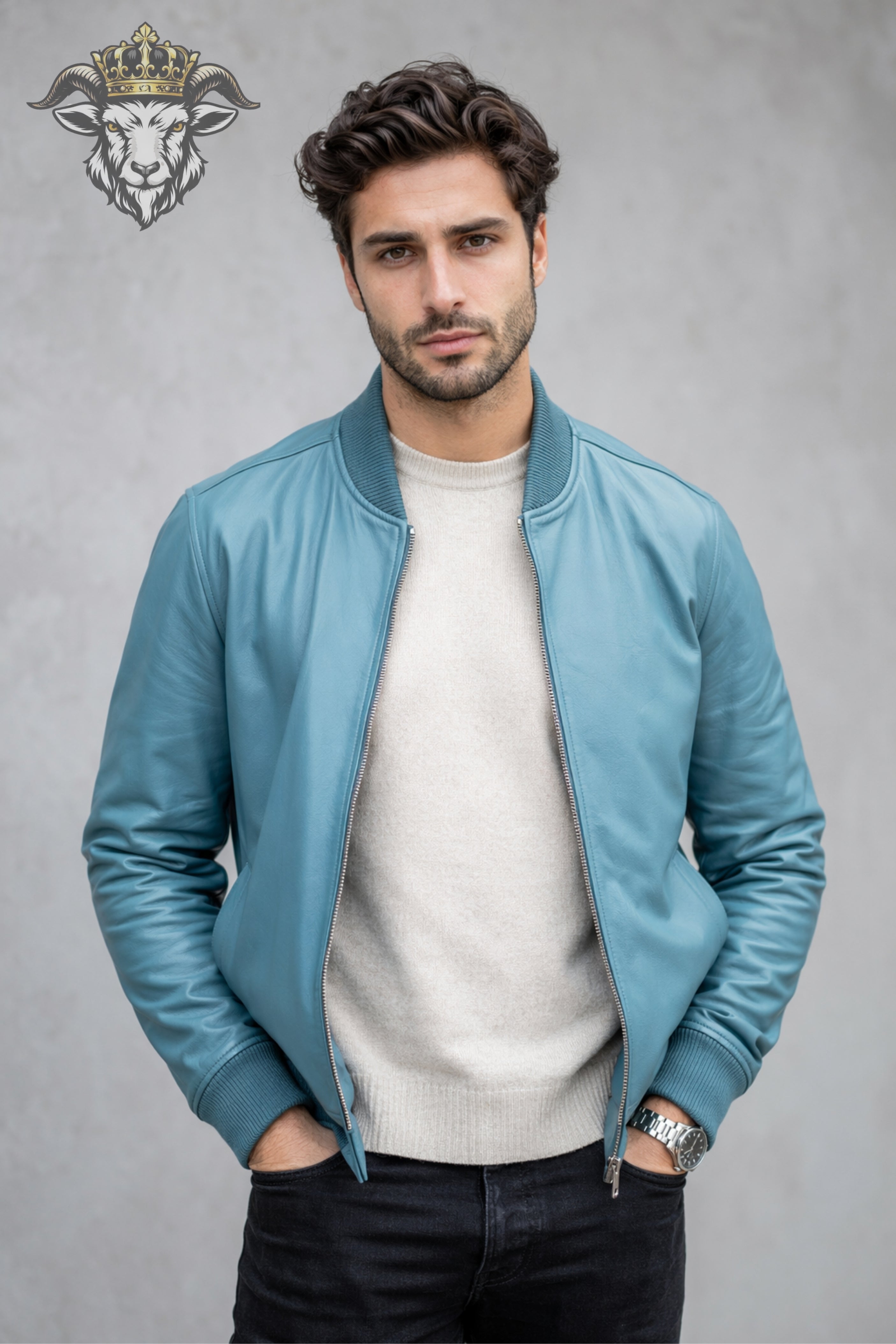 Men’s Cyan Real Leather Bomber Jacket