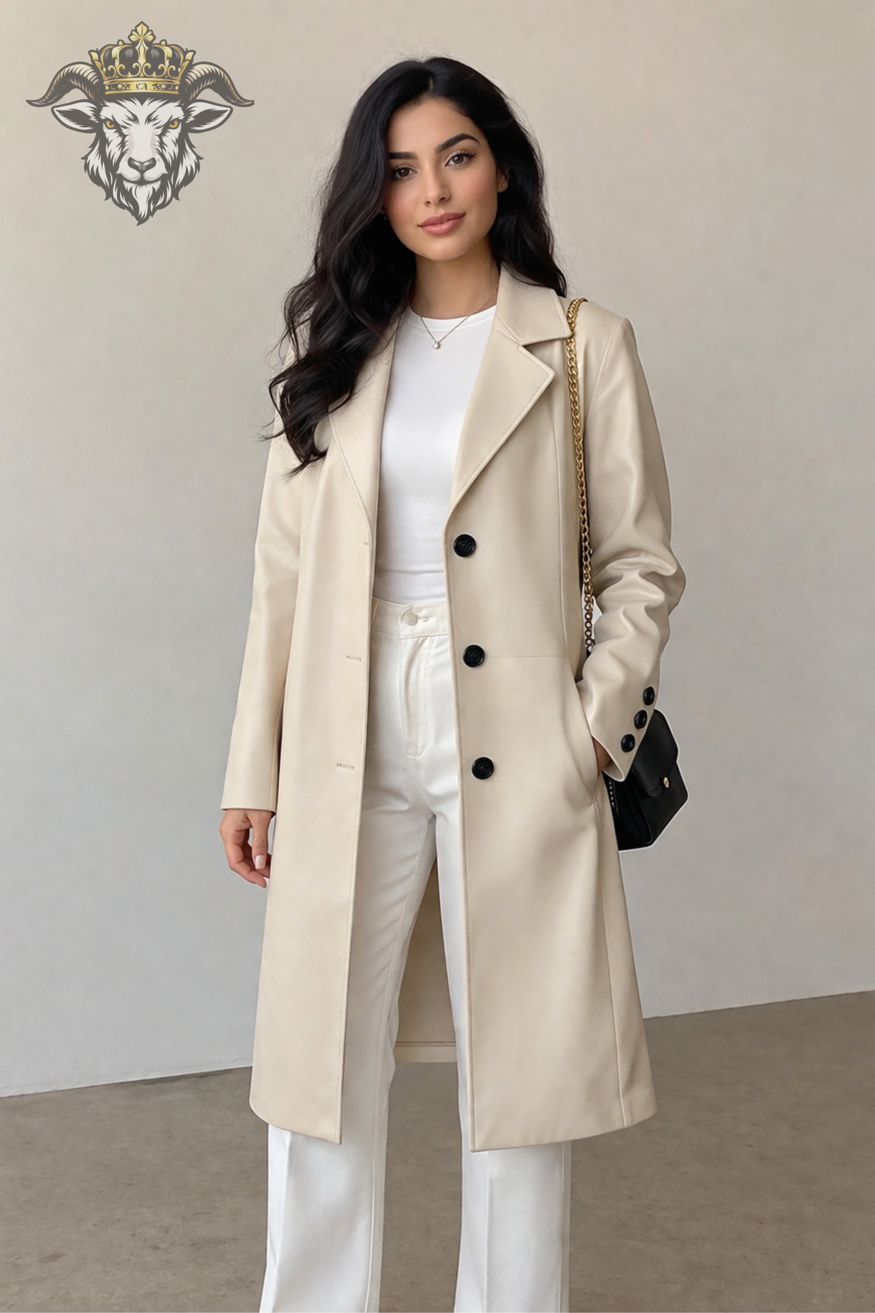 Women’s Cream Real Leather Mid-Length Coat