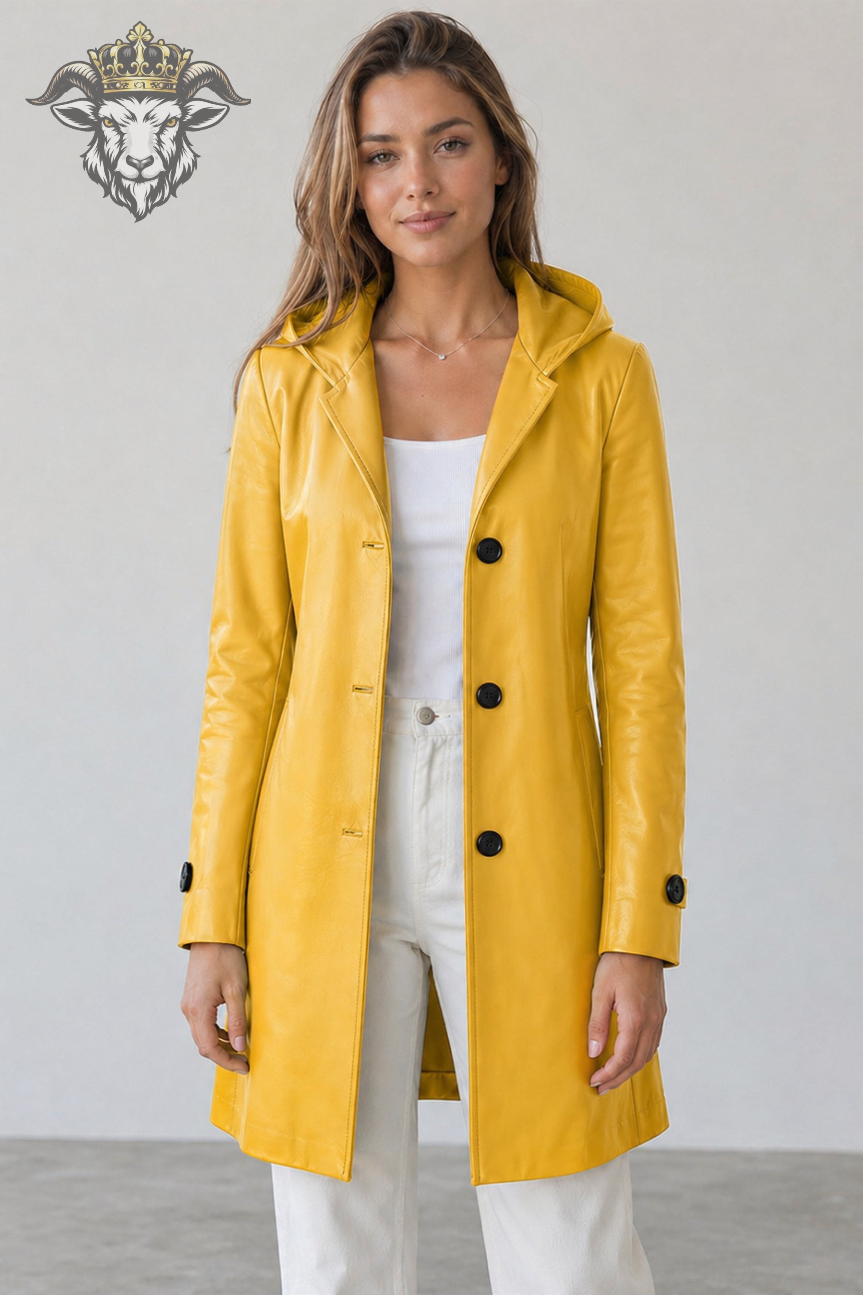 Women’s Yellow Real Leather Hooded Coat
