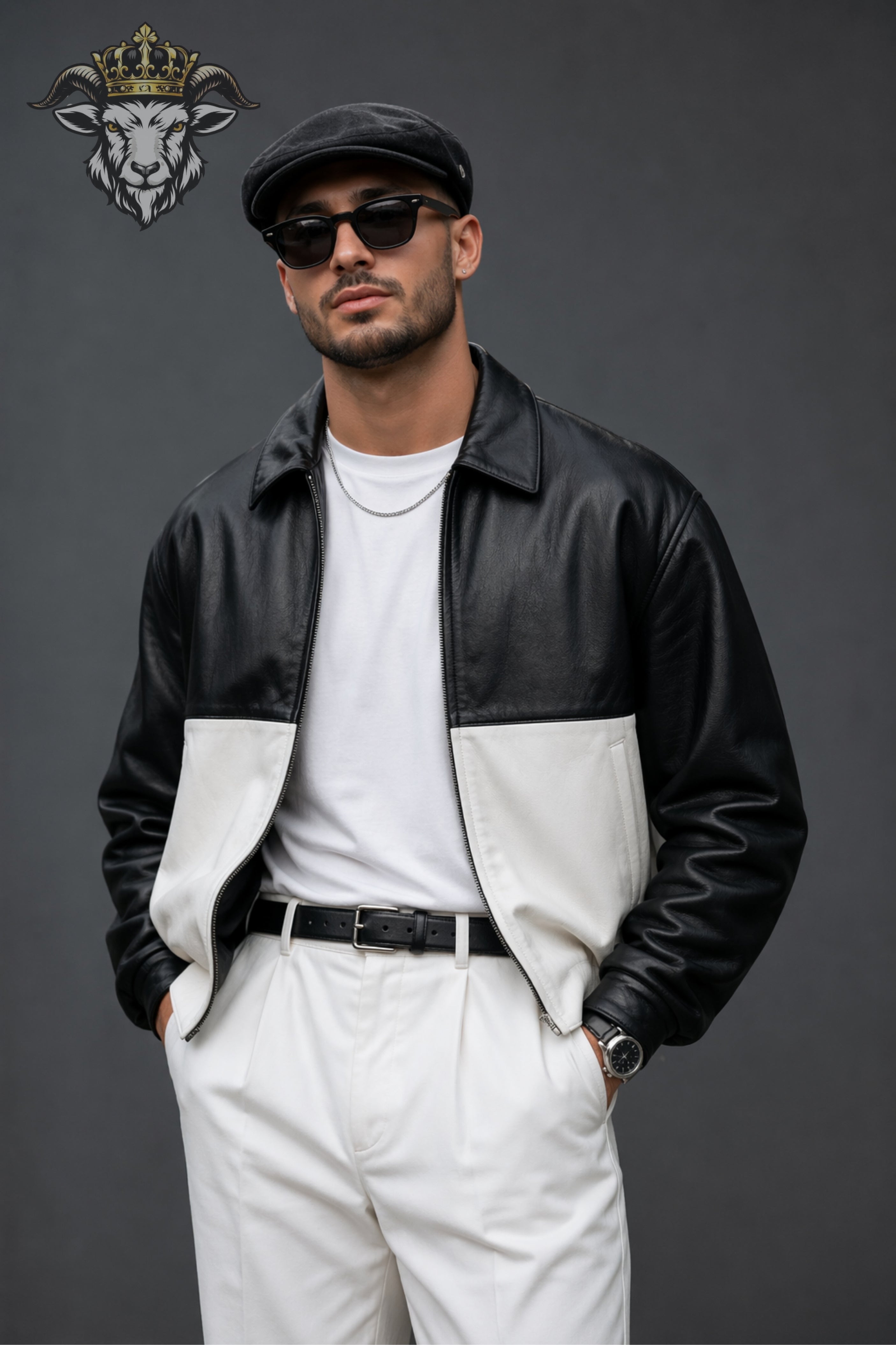 Men’s Two-Tone(Black/White) Oversize Real Leather Bomber Jacket