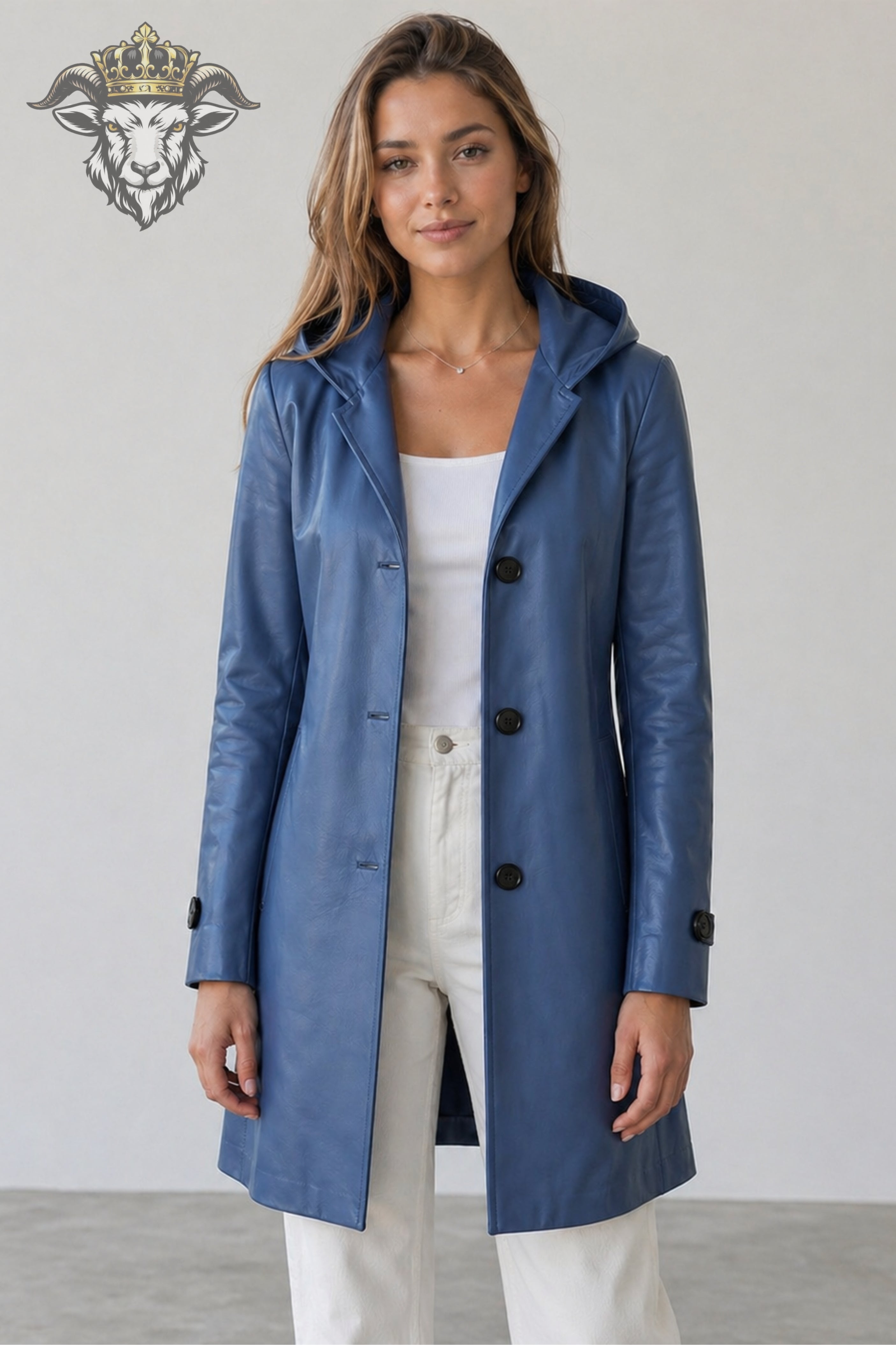 Women’s Blue Real Leather Hooded Coat