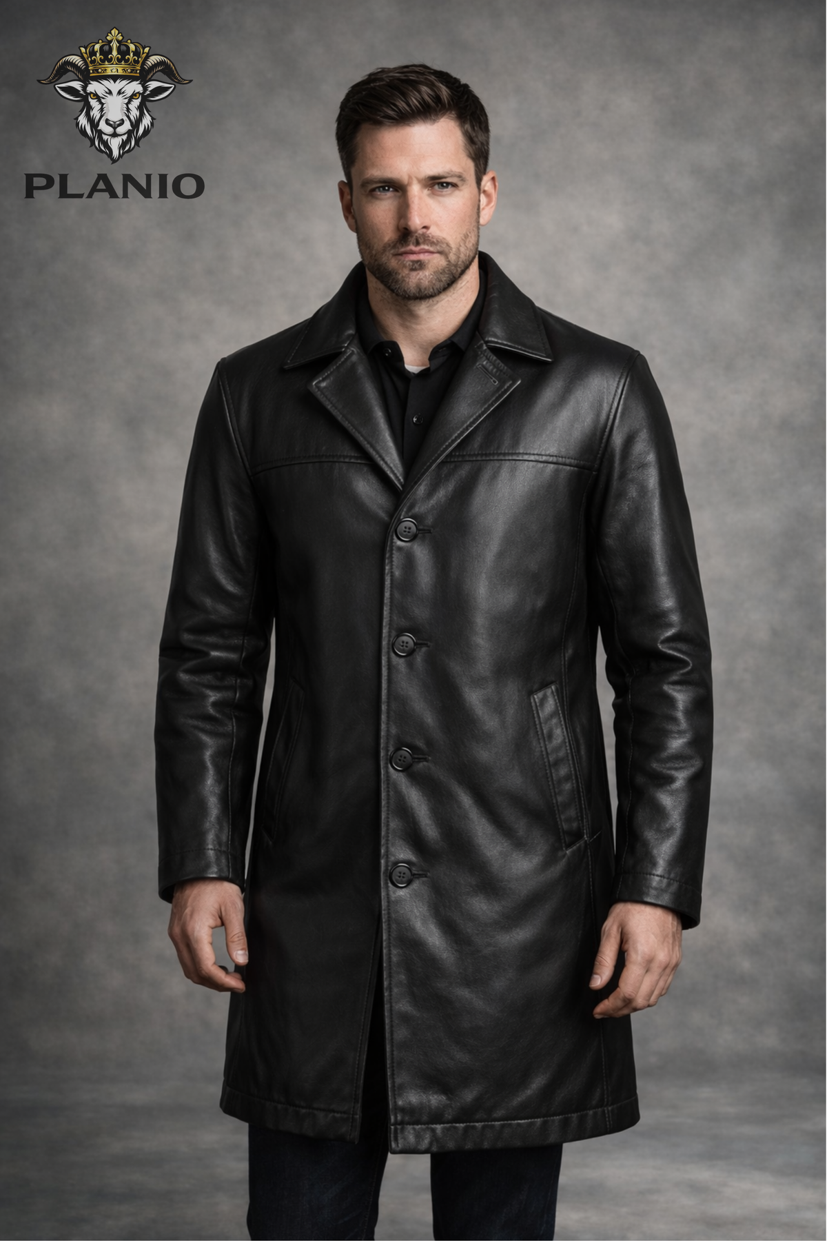 Men’s Black Real Leather Longcoat – Above Knee Button Front Leather Coat