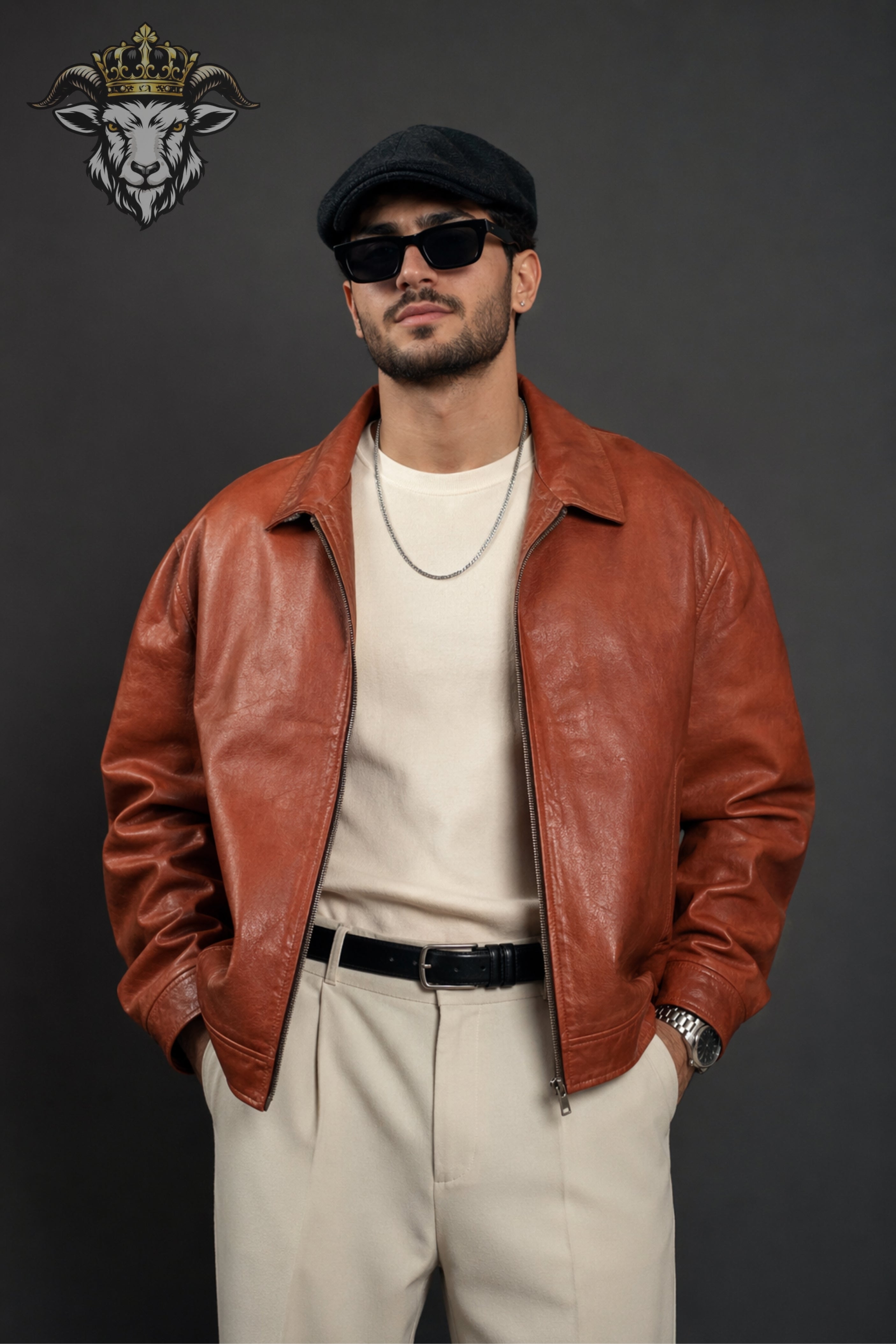 Men’s Burnt Orange Oversize Real Leather Bomber Jacket