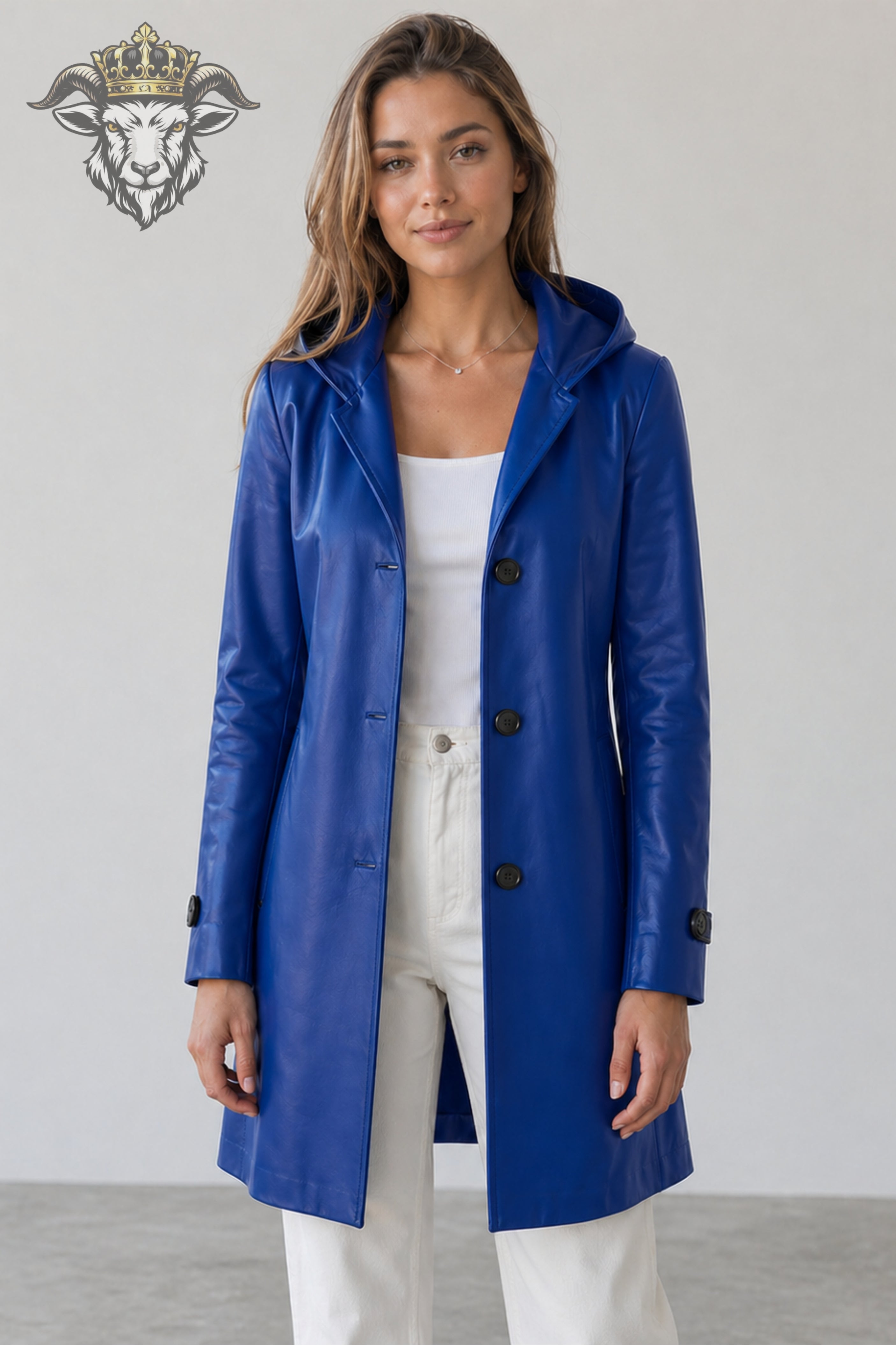 Women’s Royal Blue Real Leather Hooded Coat