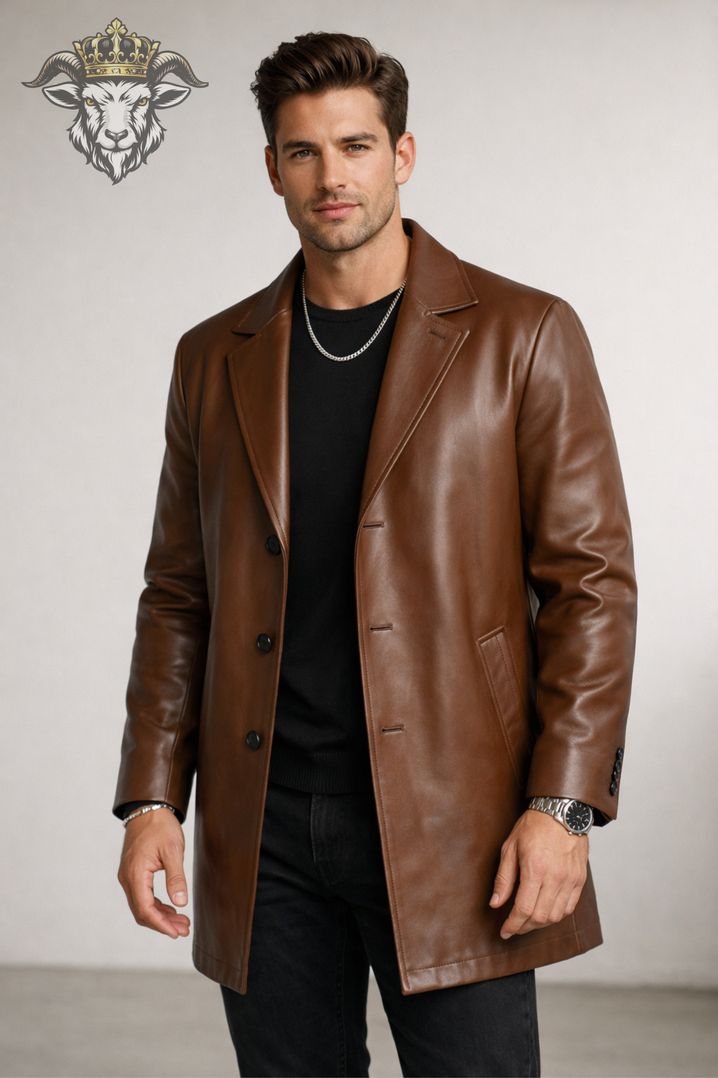 Men’s Brown Real Leather Coat – Mid-Thigh Length, Classic Tailored Fit, Premium Genuine Leather Jacket for Winter & Casual Wear