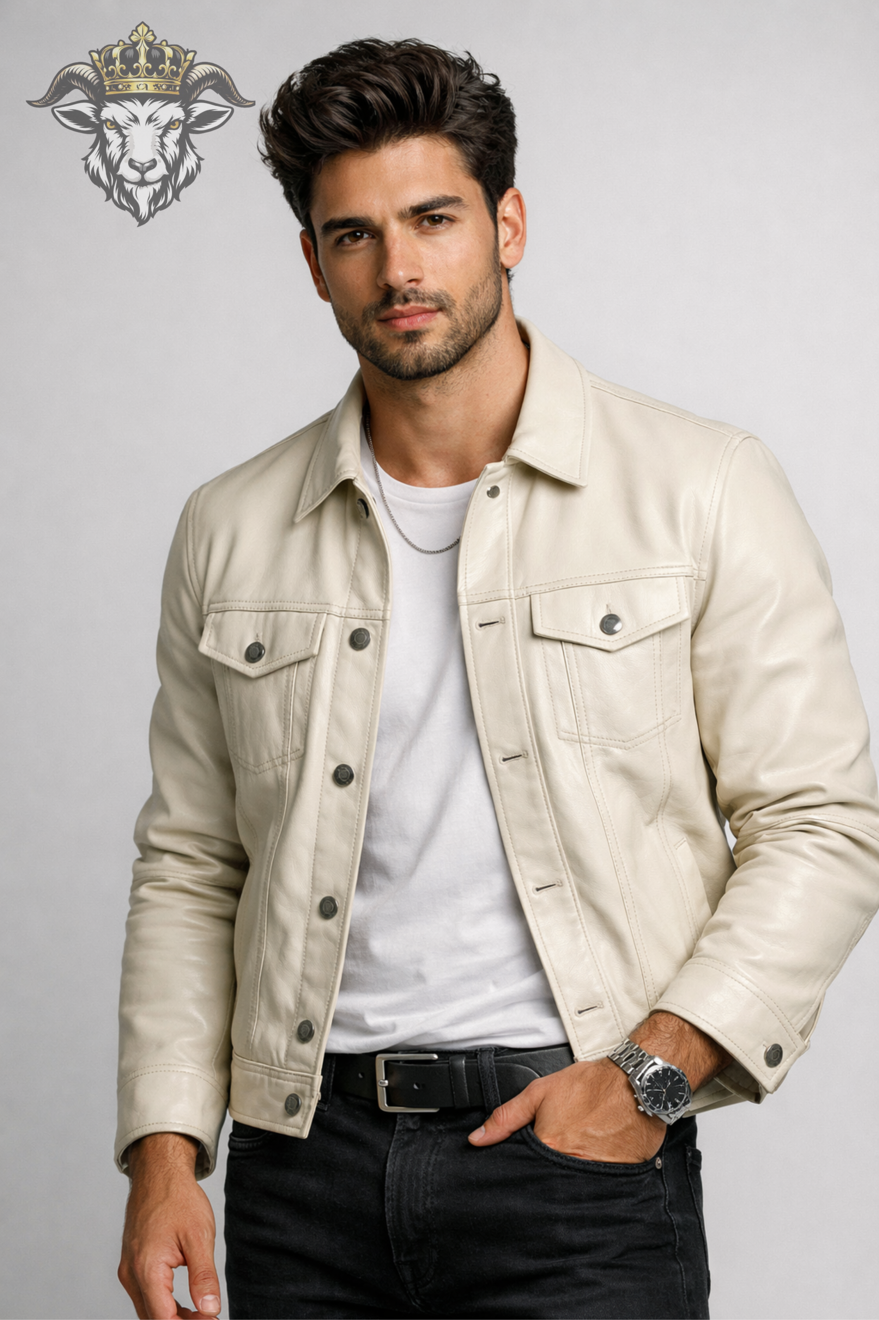 Men’s Cream Real Leather Trucker Jacket