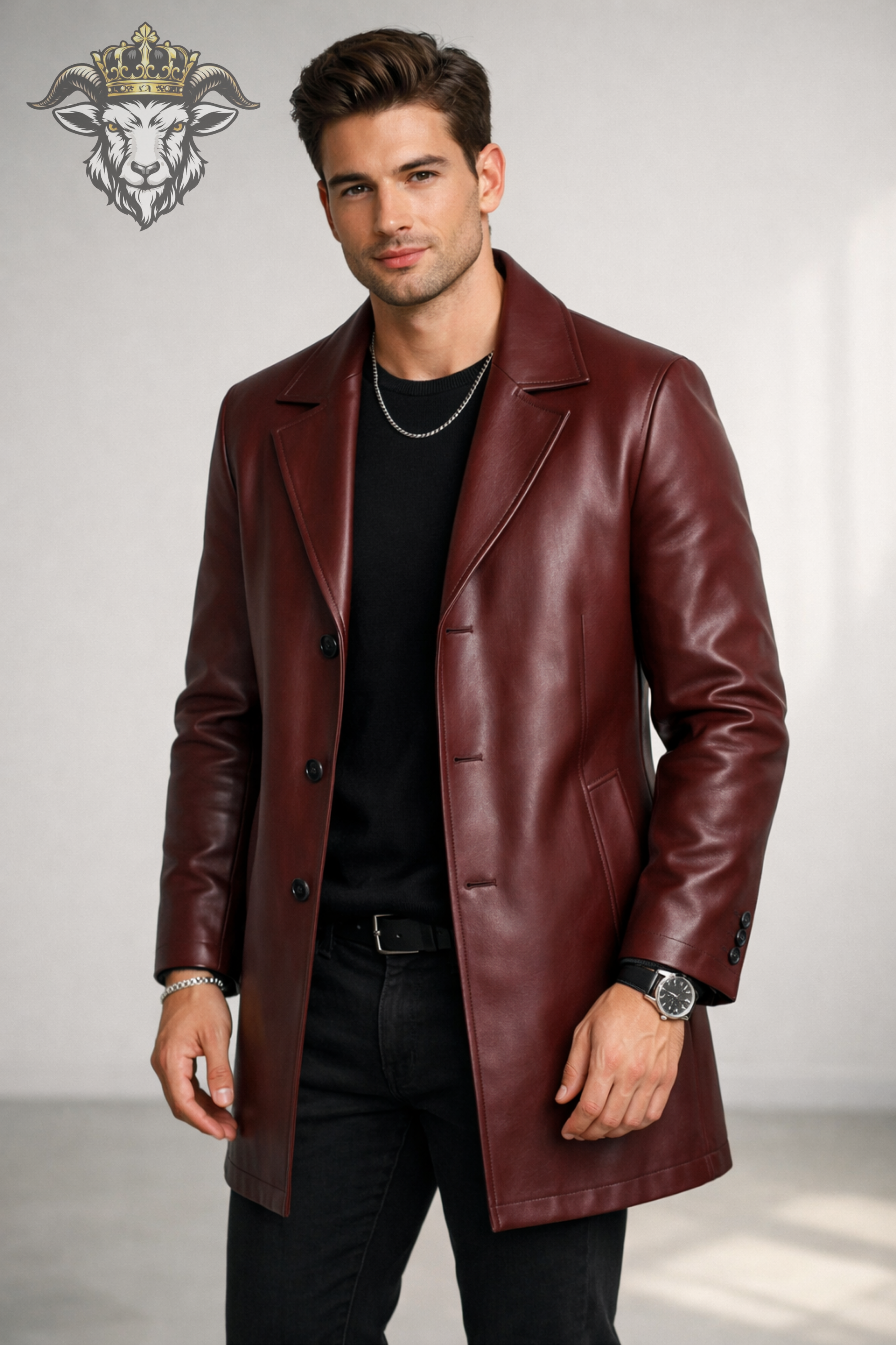 Men’s Burgundy Real Leather Coat – Mid-Thigh Length Premium Tailored Overcoat with Wide Lapels & Button Closure