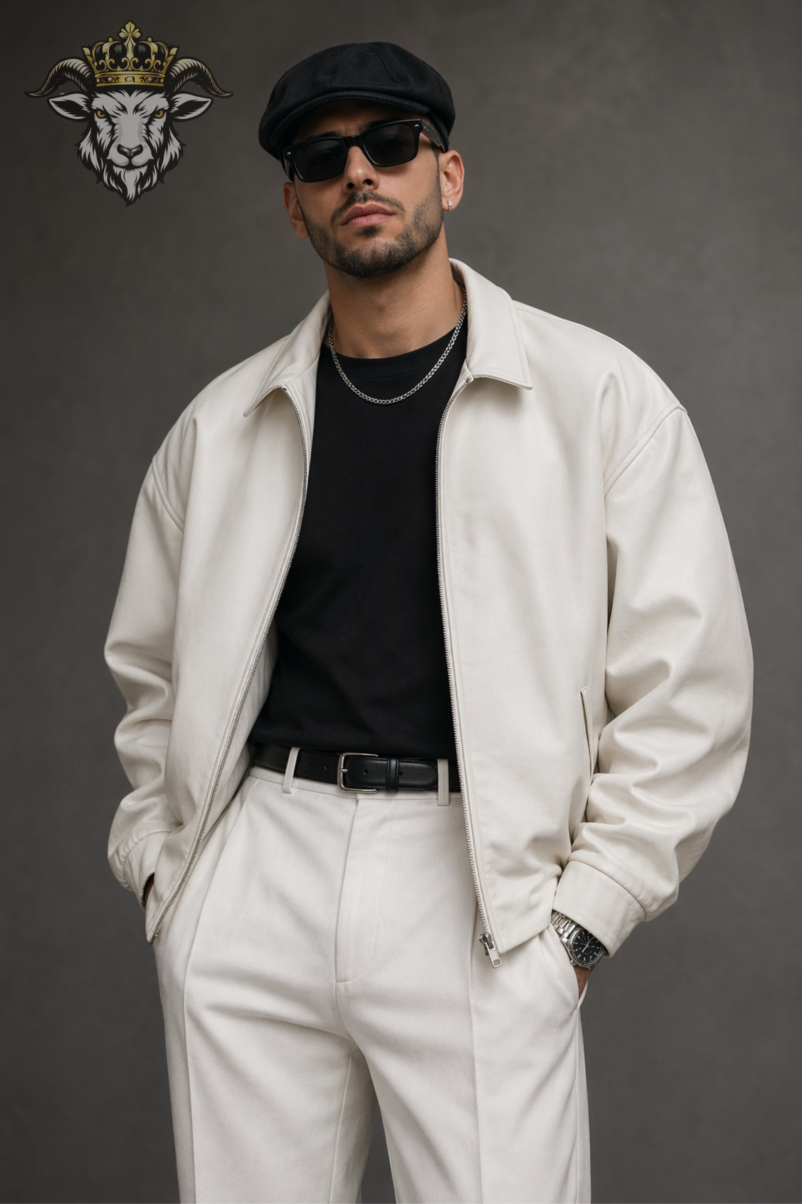 Men’s White Oversize Real Leather Bomber Jacket