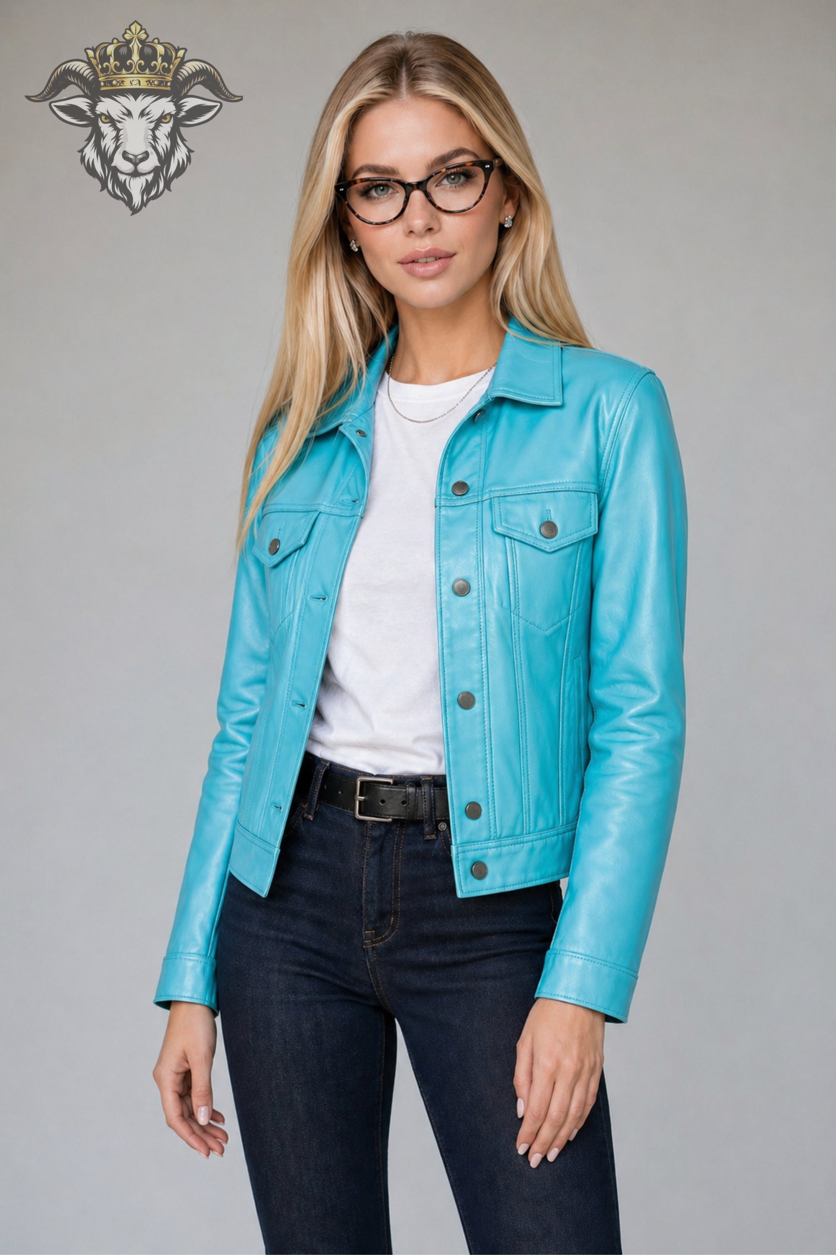 Women’s Cyan Real Leather Trucker Jacket