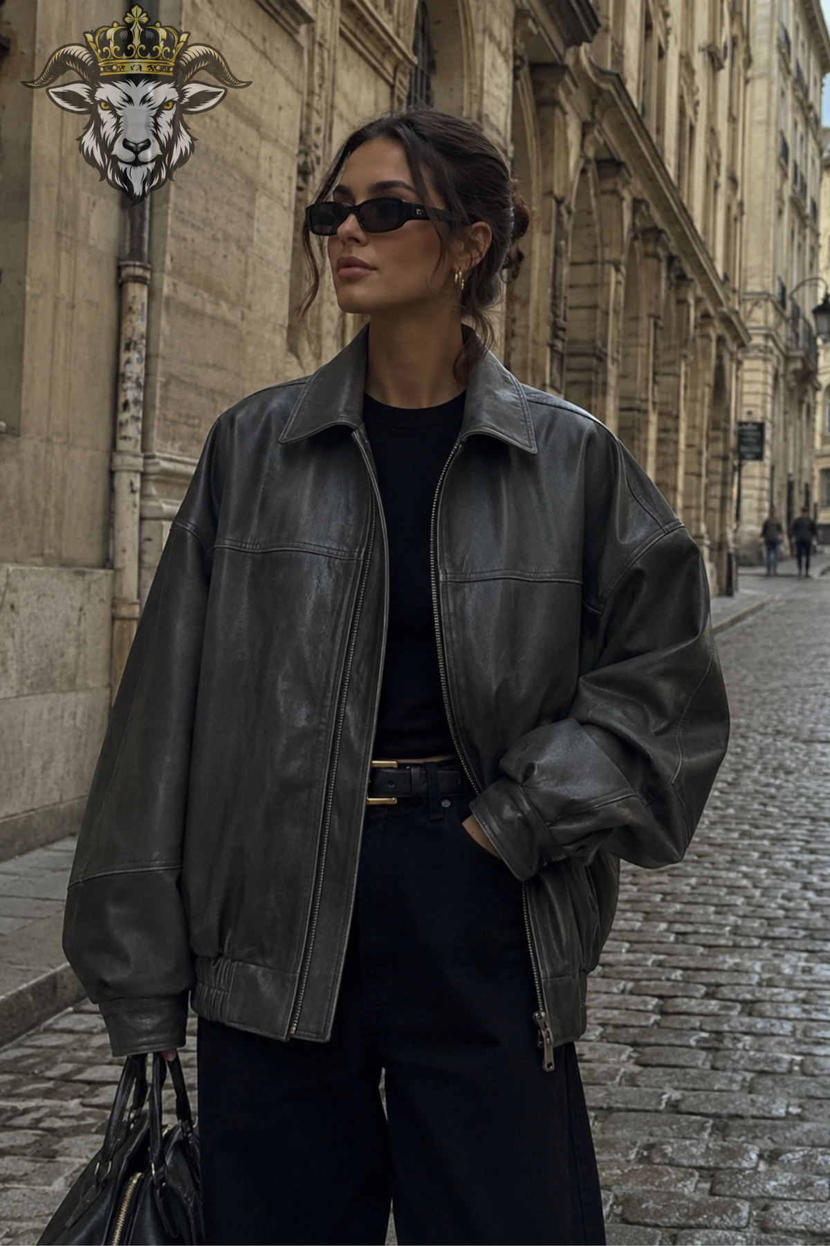 Women's Charcoal Grey Leather Jacket, Oversized Vintage Zip Up Jacket, Distressed Shirt Collar Outerwear, Urban Streetwear Coat