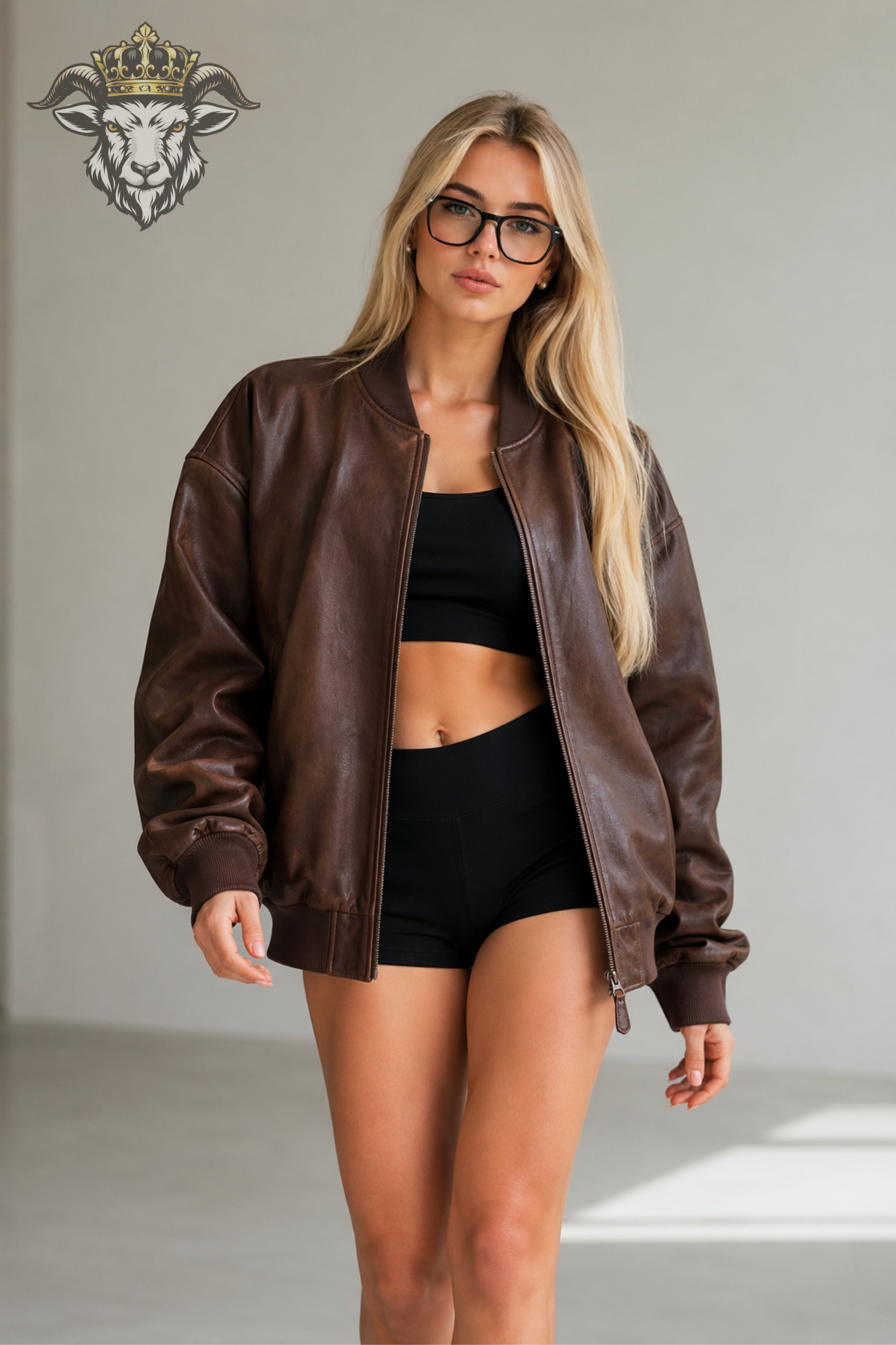 Women's Brown Oversize Real Leather Bomber Jacket