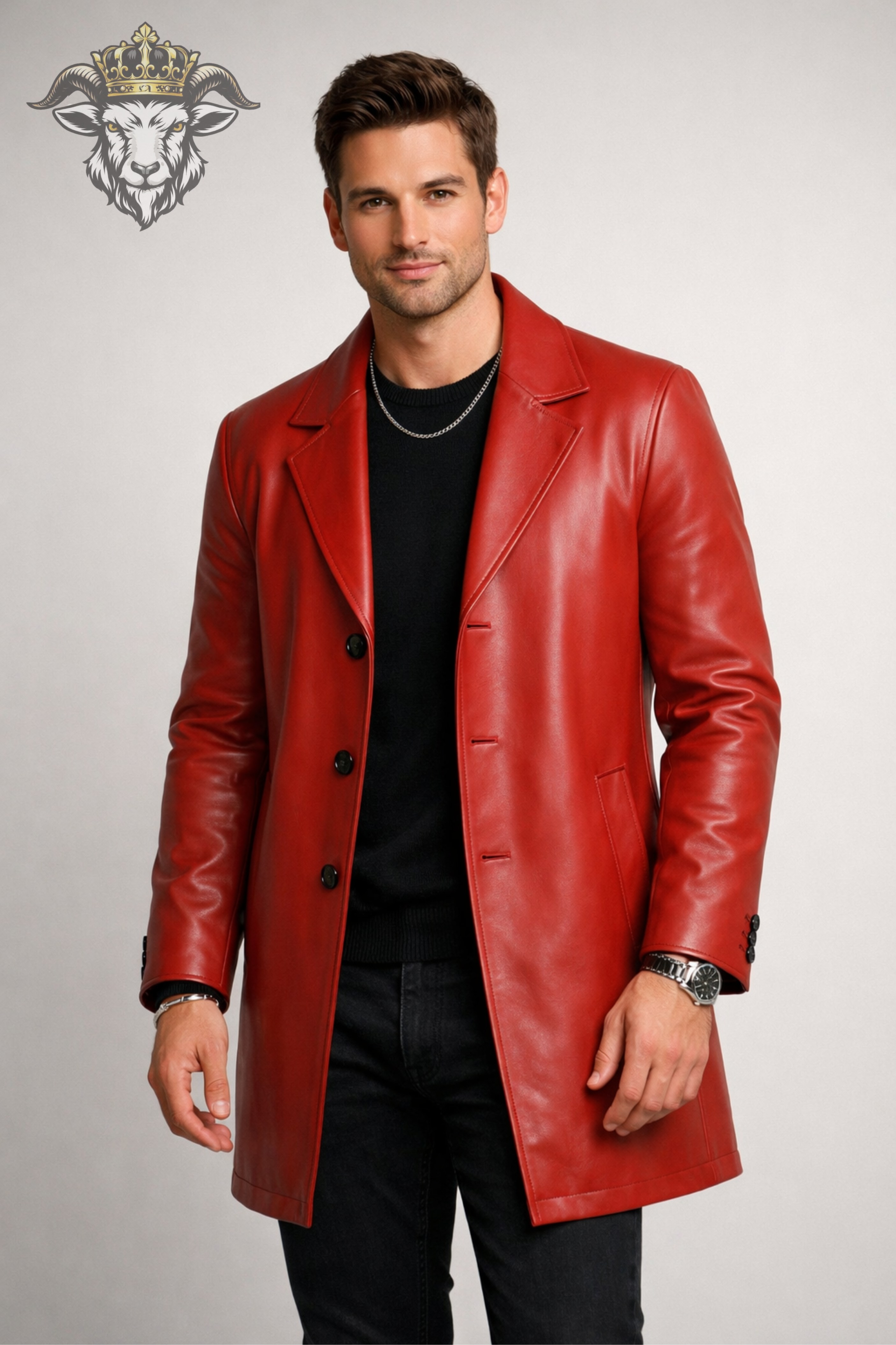 Men’s Red Real Leather Coat – Mid-Thigh Length Premium Matte Leather Jacket with Wide Lapel & Tailored Fit