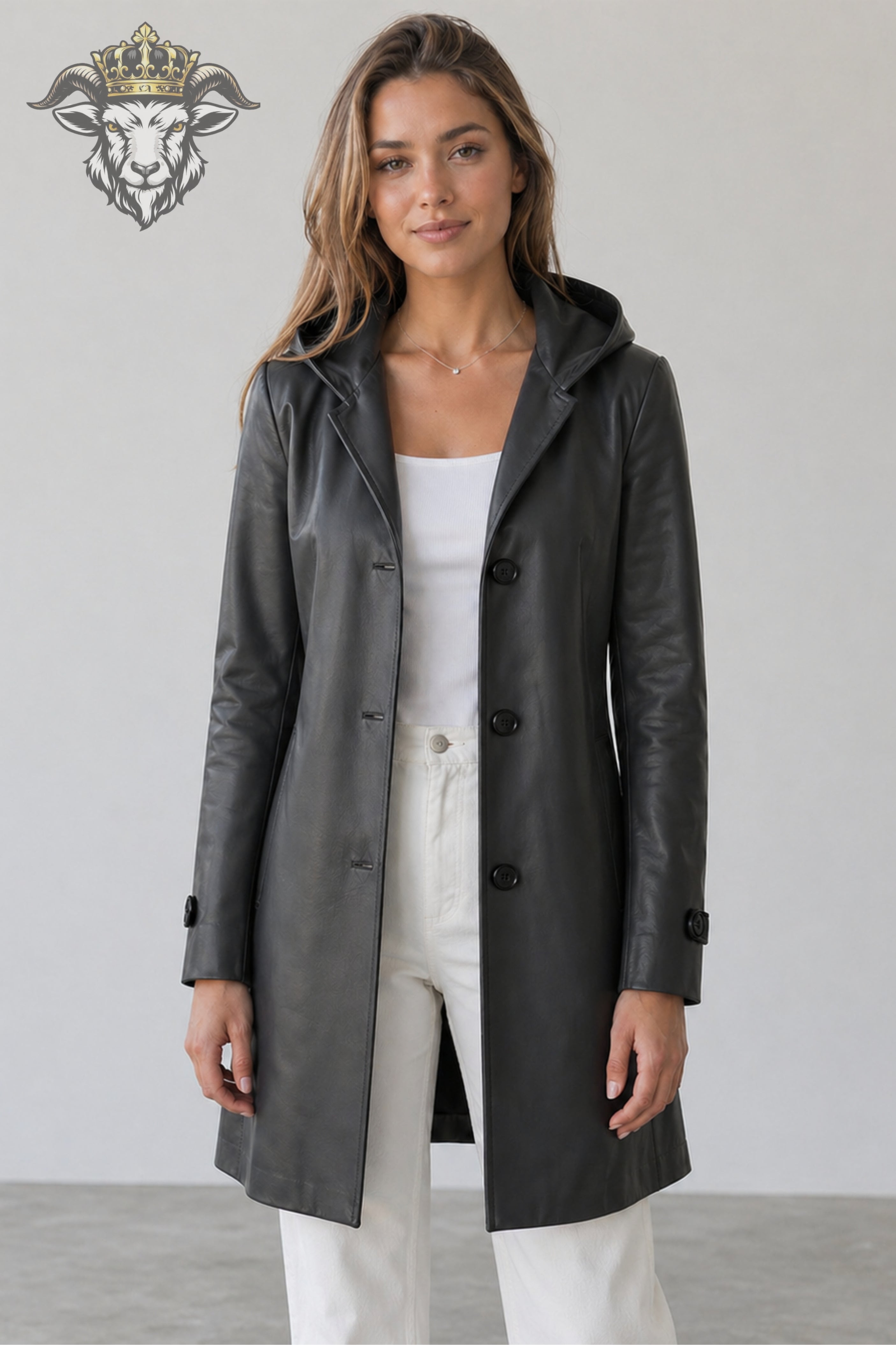 Women’s Charcoal Real Leather Hooded Coat