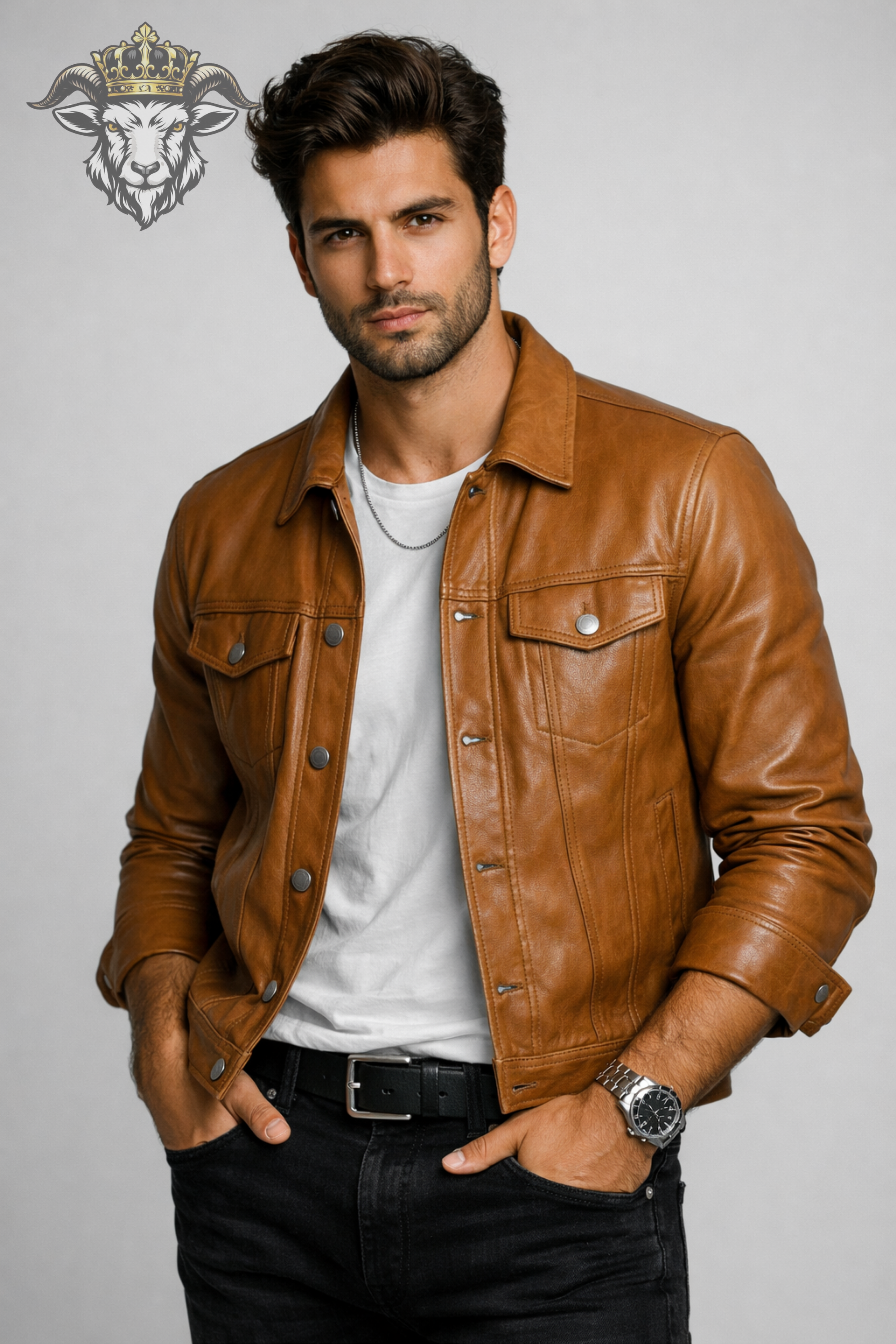 Men’s Tan Real Leather Trucker Jacket