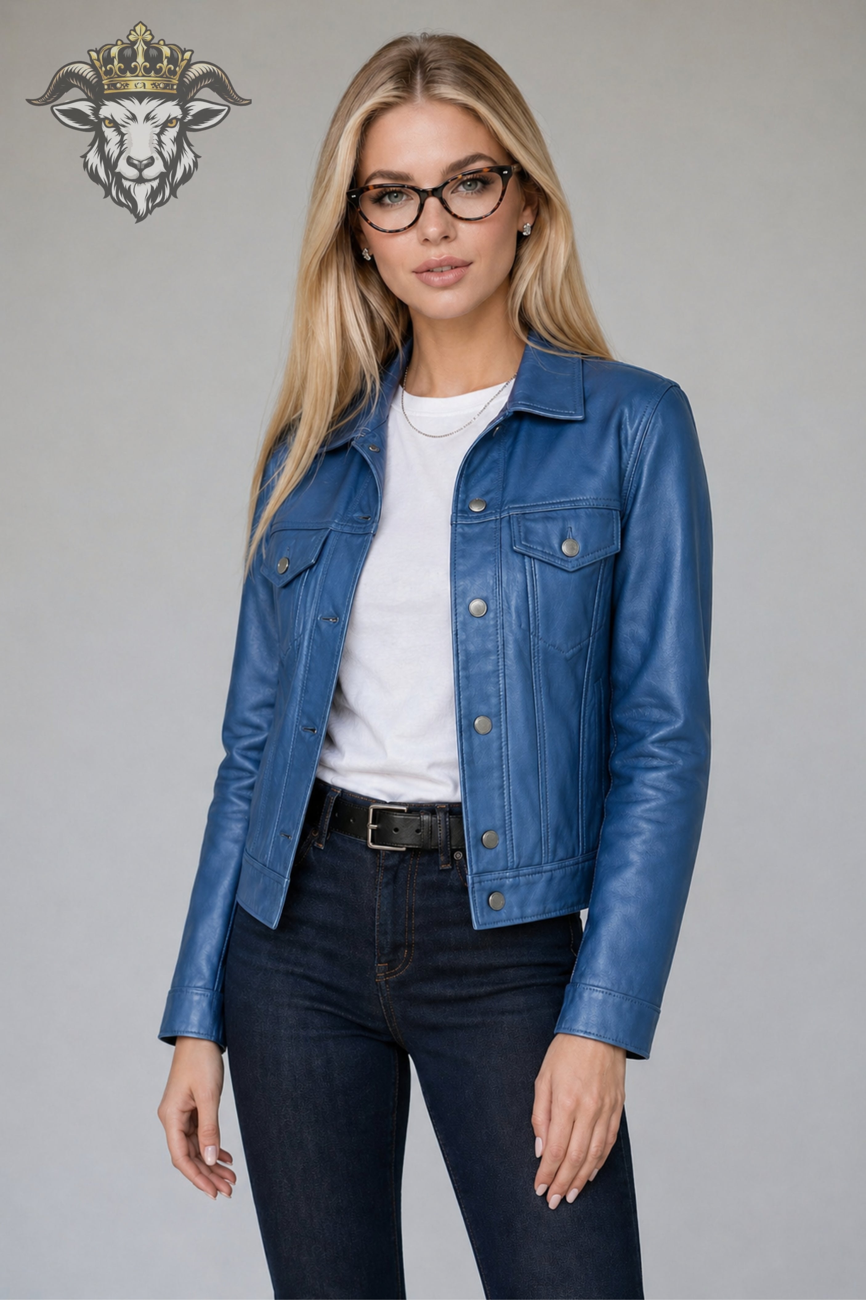 Women’s Blue Real Leather Trucker Jacket