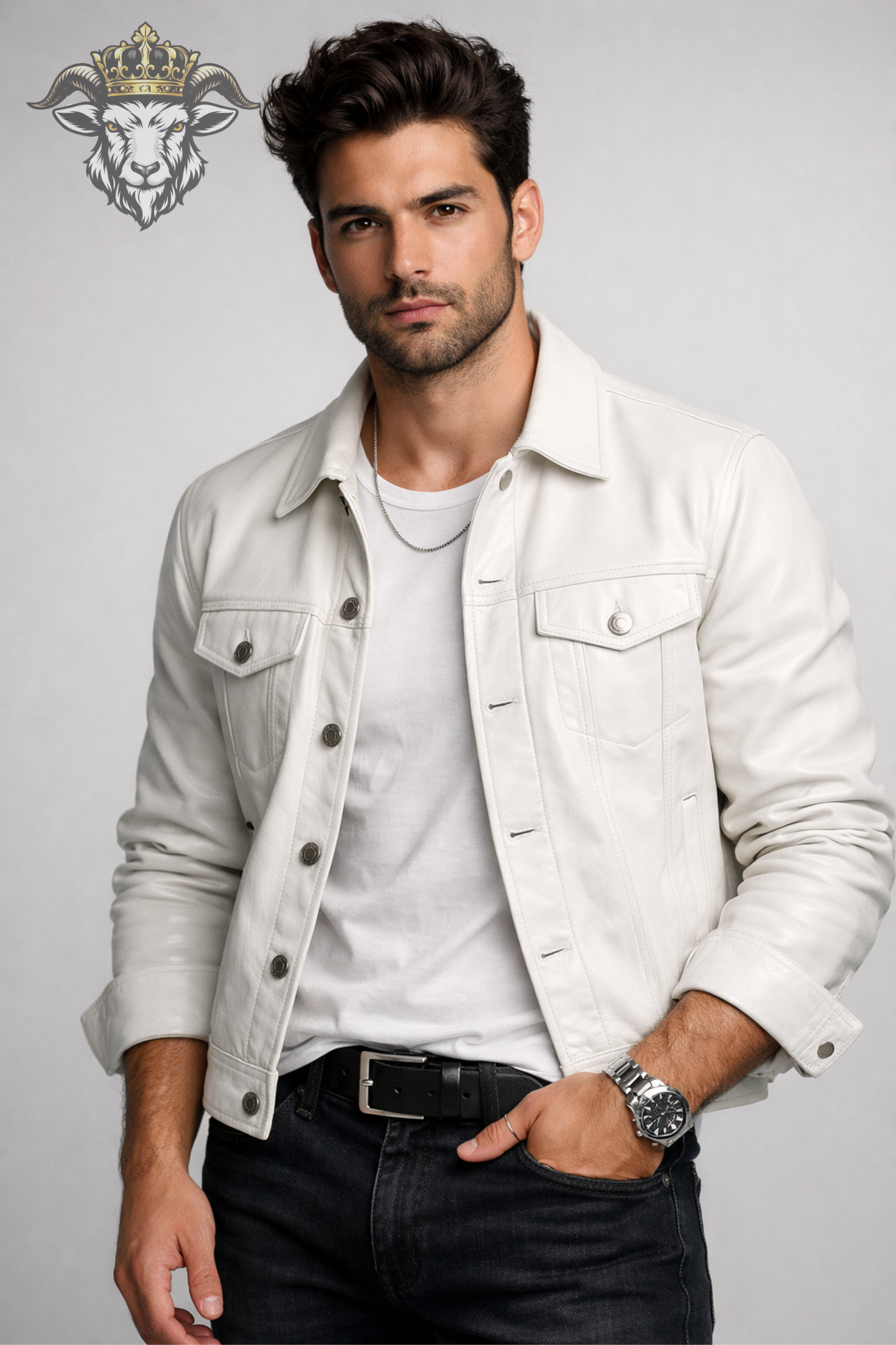Men’s White Real Leather Trucker Jacket