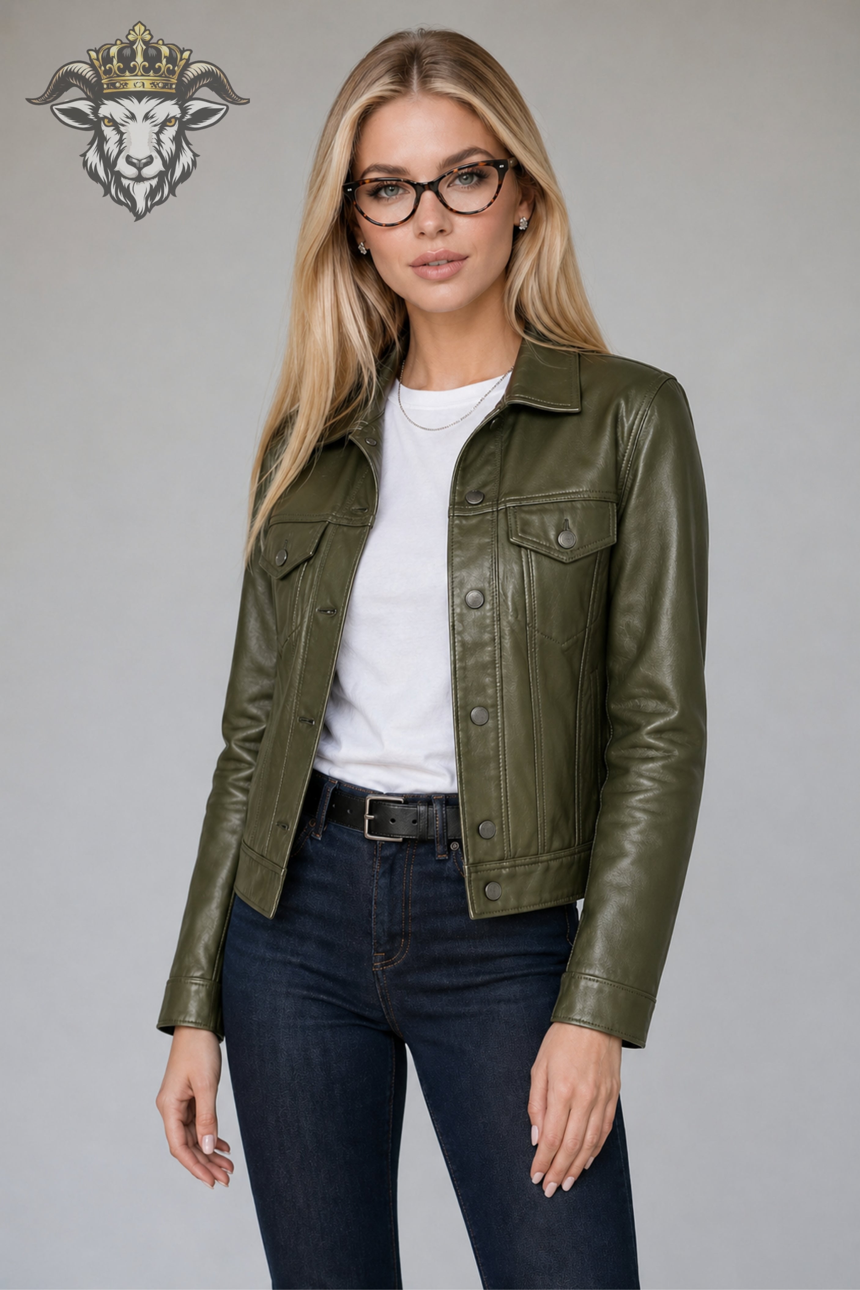 Women’s Olive Green Real Leather Trucker Jacket