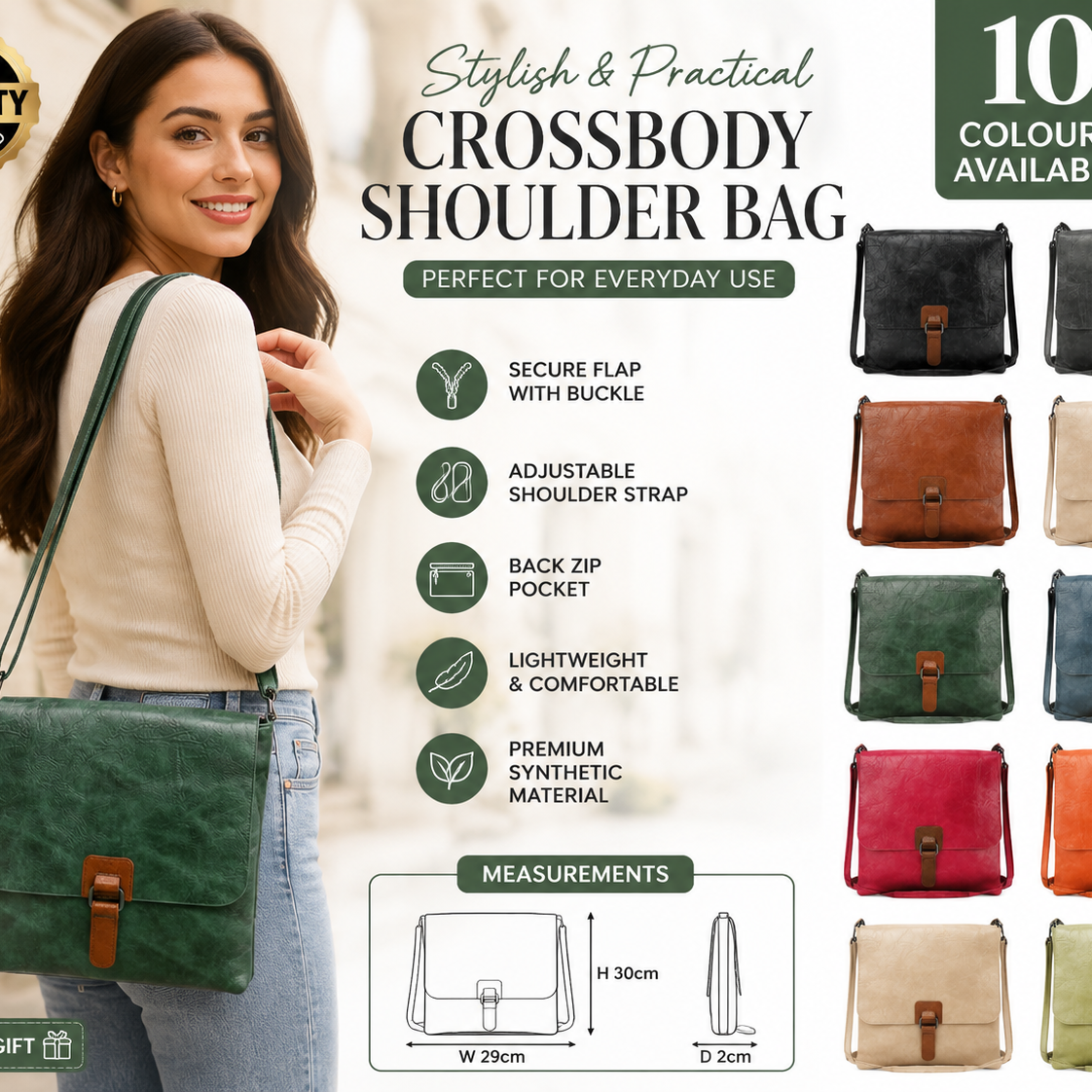 Women’s Slim Crossbody Shoulder Bag – Flap Over Synthetic Leather Handbag with Adjustable Strap, Back Zip Pocket & Dark Silver Hardware