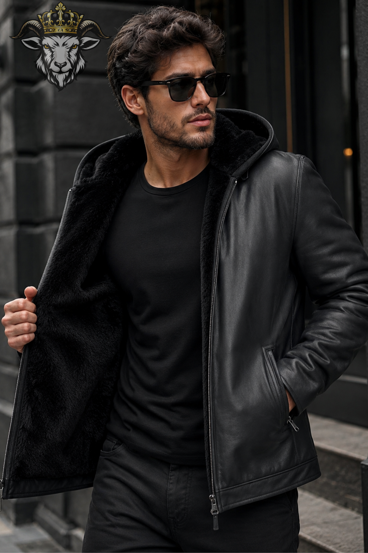 Men’s Black Genuine Leather Hooded Jacket, Real Leather Winter Coat with Faux Fur Lining, Warm Biker Hoodie Jacket, Luxury Casual Outerwear