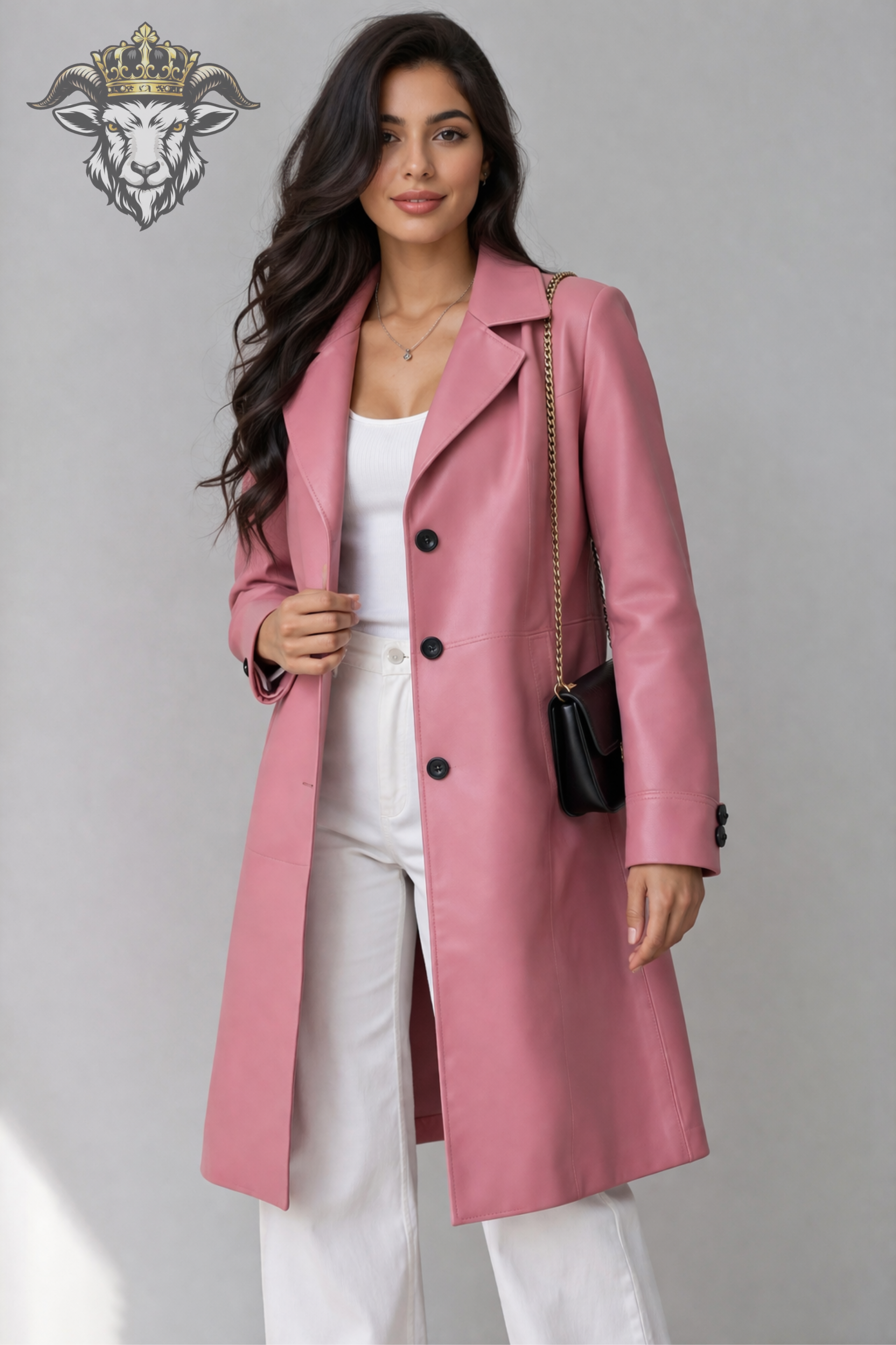 Women’s Pink Real Leather Knee-Length Coat