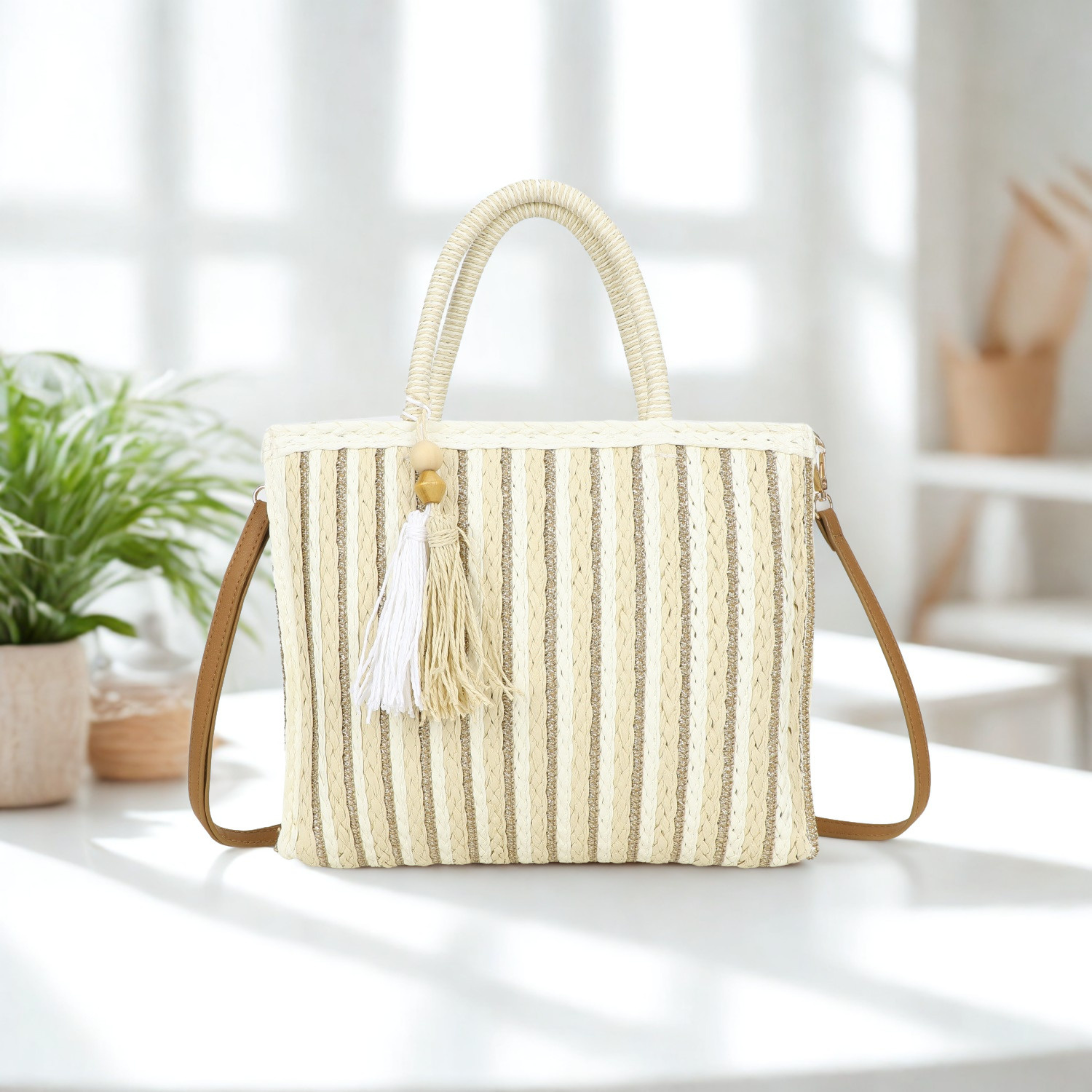 Women’s Woven Tote Bag Synthetic Shoulder Handbag Crossbody Shopper H24 W30 D8