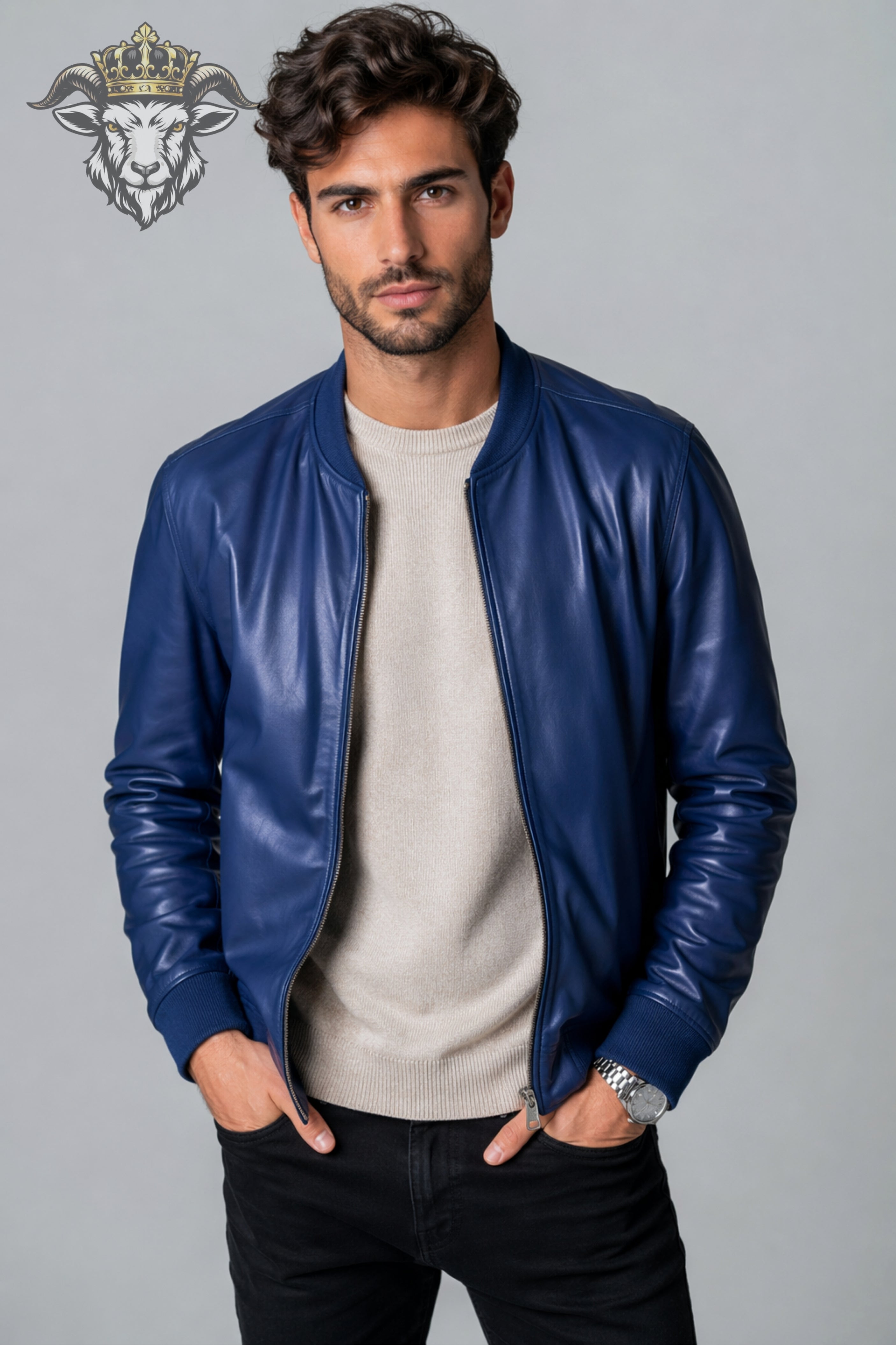 Men’s Royal Blue Real Leather Bomber Jacket