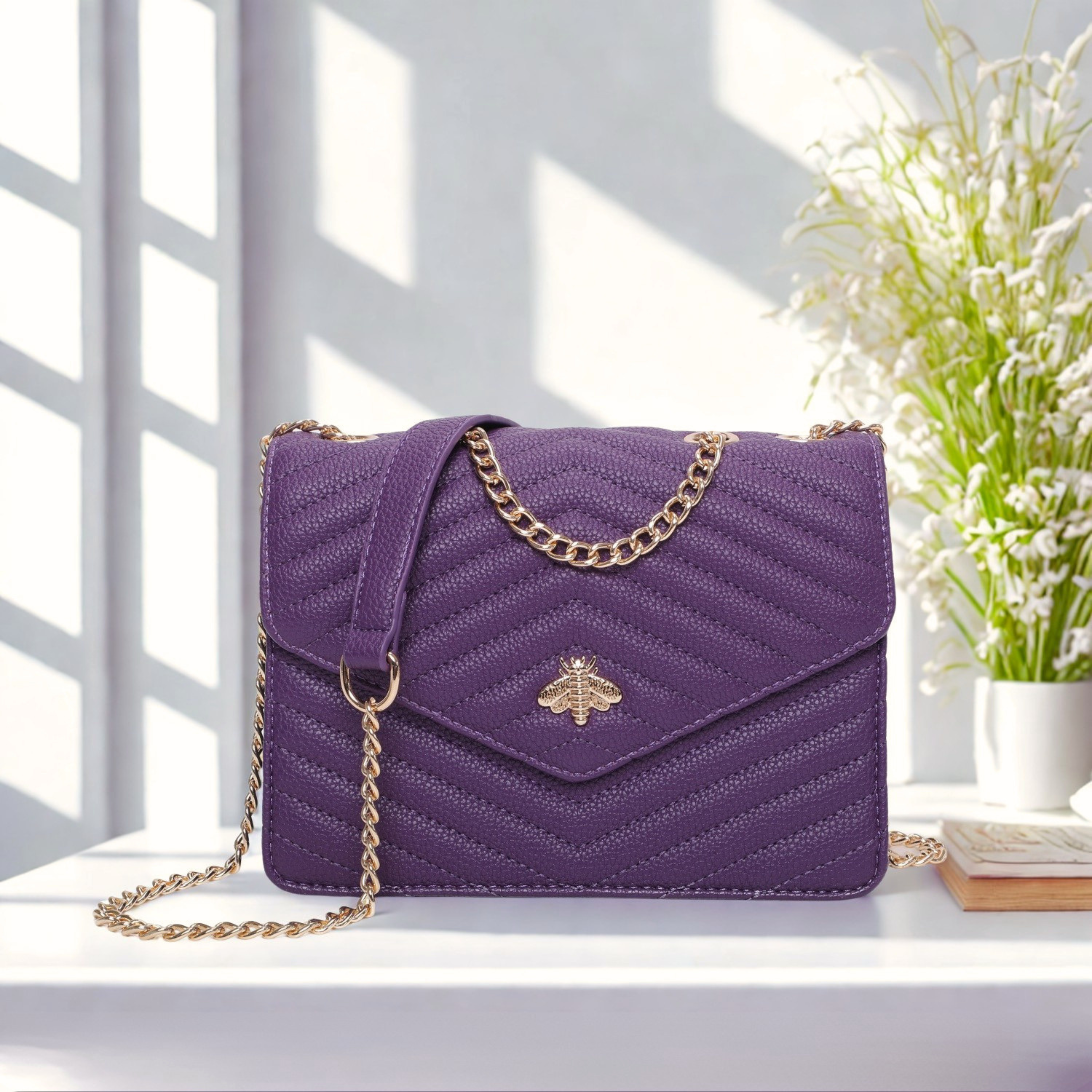 Women’s Quilted Crossbody Bag with Gold Bee Detail – Flap Over Shoulder Handbag with Half Chain Strap