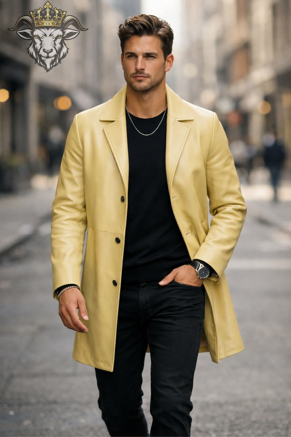 Men's Light Yellow Real Leather Coat, Slim Fit Leather Trench Jacket, Mid-Thigh Lapel Overcoat, Minimalist Luxury Menswear