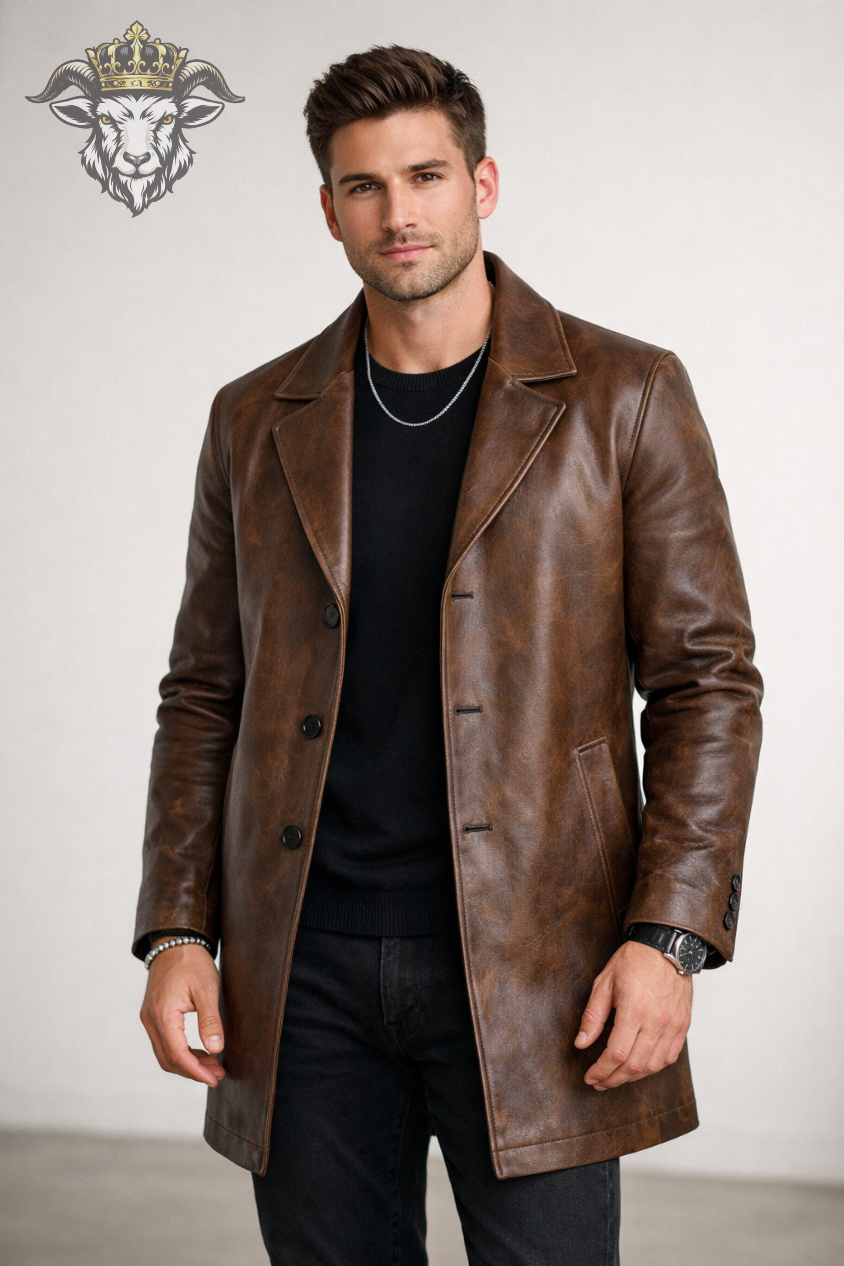 Men’s Distressed Brown Real Leather Coat – Mid-Thigh Premium Vintage Style Jacket | Classic Tailored Fit Winter Overcoat