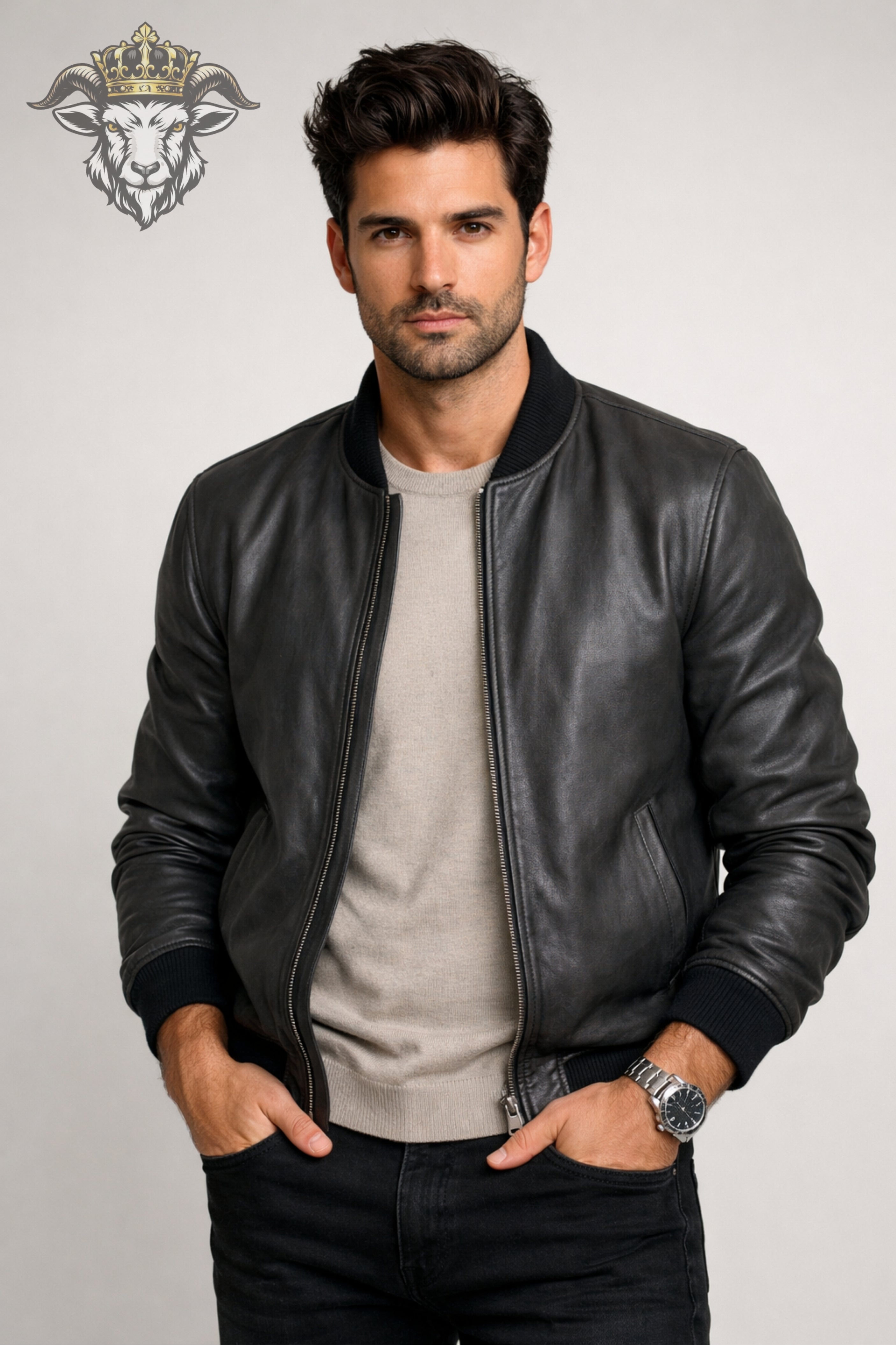 Men’s Charcoal Leather Bomber Jacket