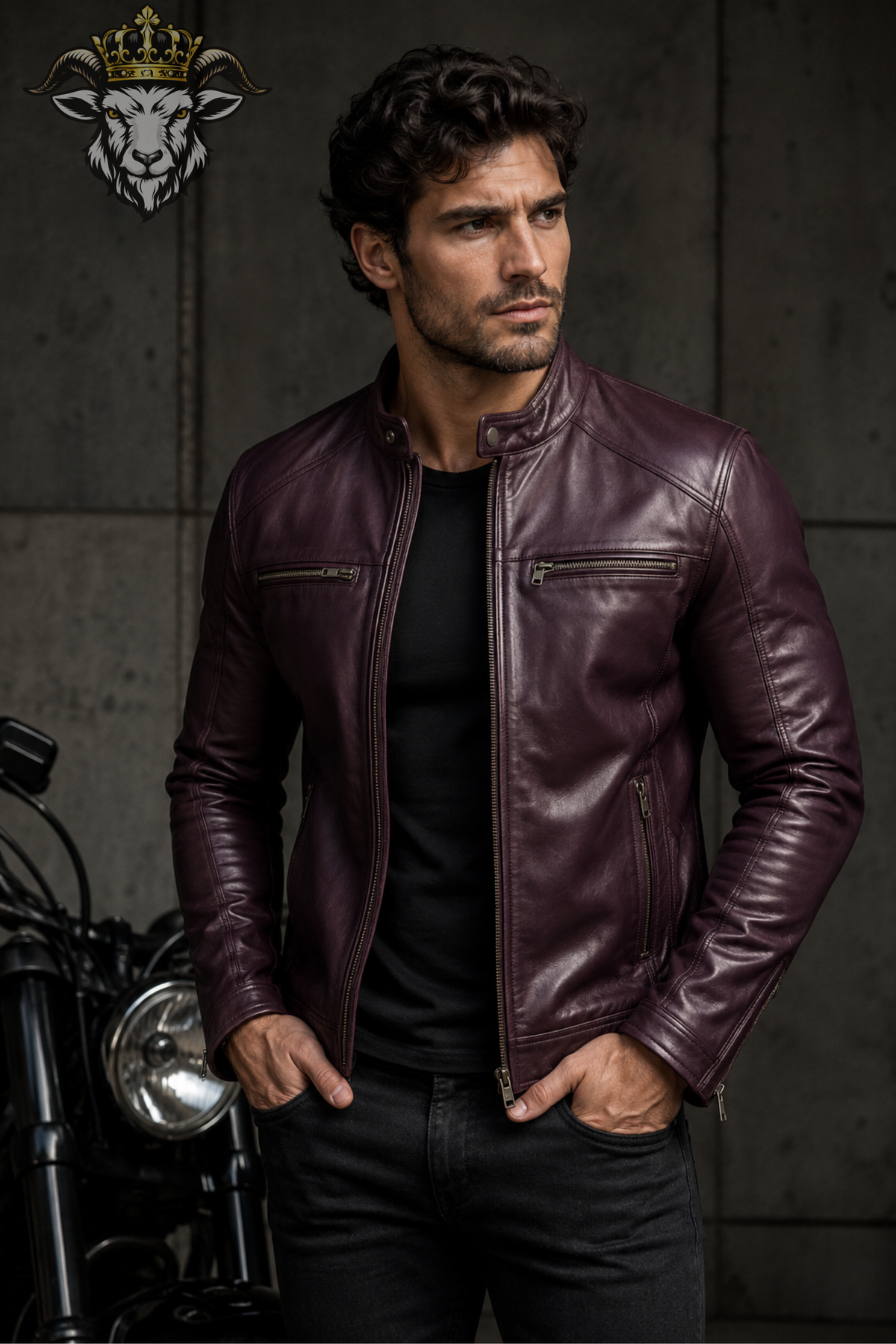 Men's Purple Real Leather Biker Jacket, Slim Fit Motorcycle Jacket, Mandarin Collar Moto Jacket, Men's Purple Leather Coat