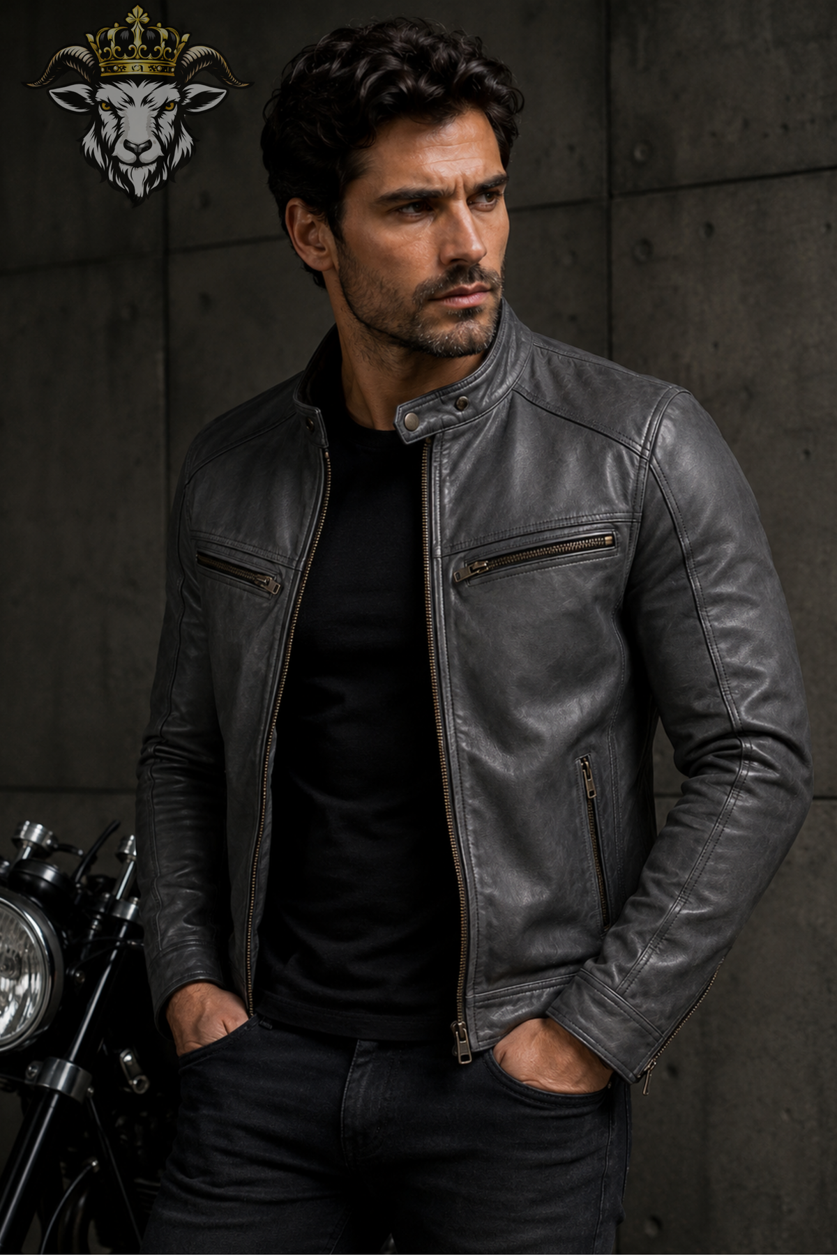 Men's Gray Real Leather Biker Jacket, Slim Fit Motorcycle Jacket, Cafe Racer Leather Jacket, Mandarin Collar Moto Coat