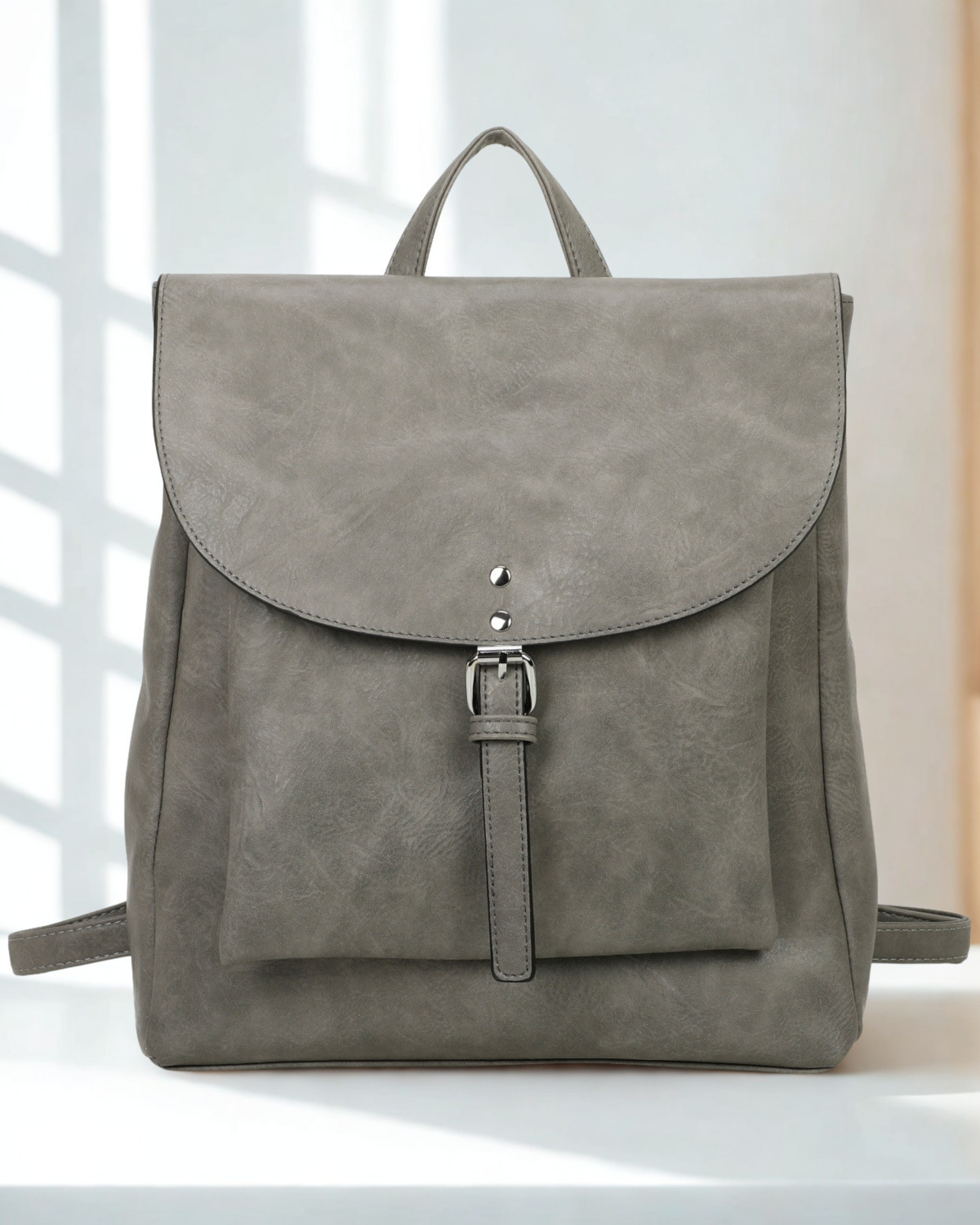 Women Synthetic Leather Look Backpack Flap Over Top Zip Magdot Buckle Bag 33cm