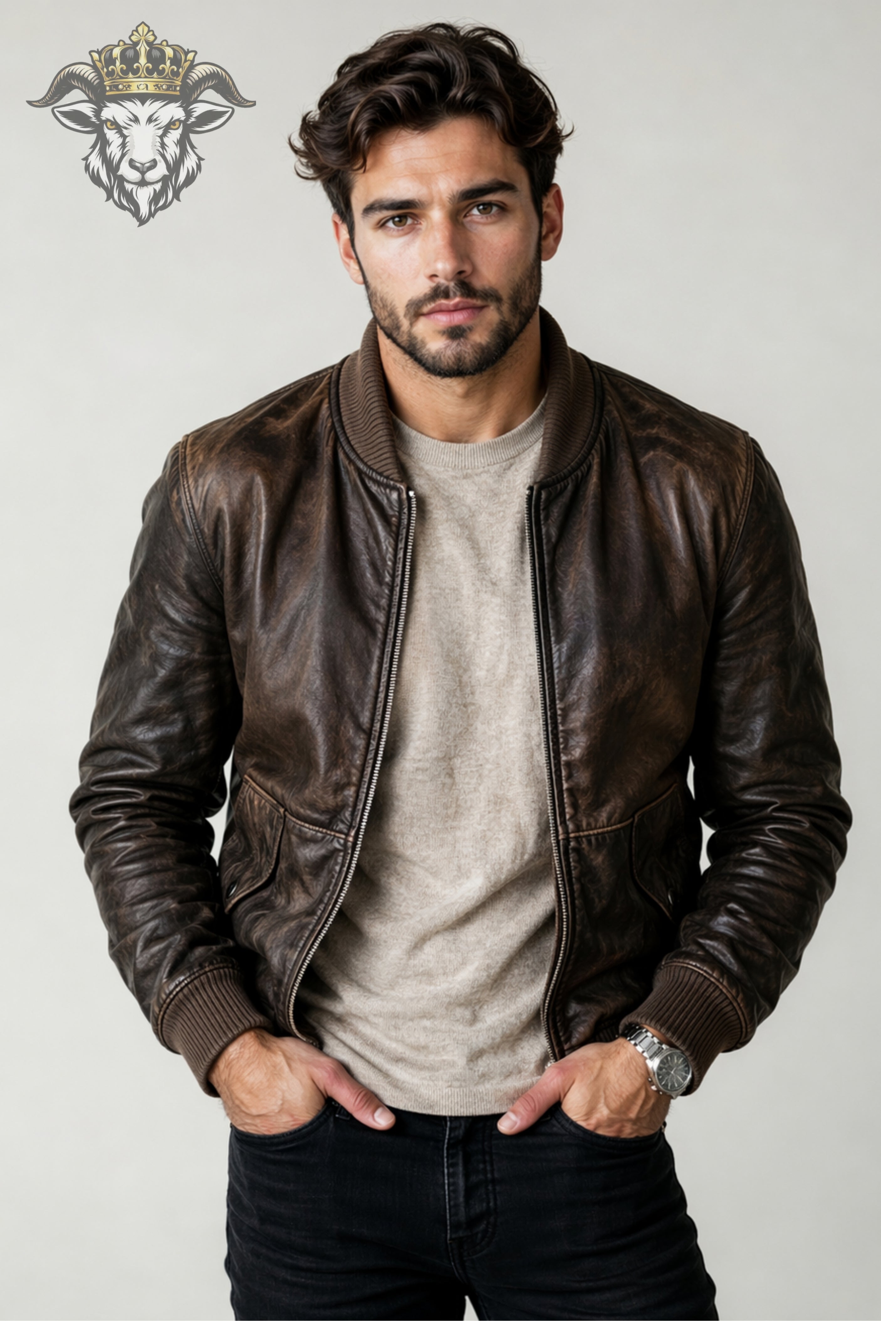 Men’s Distressed Brown Leather Bomber Jacket