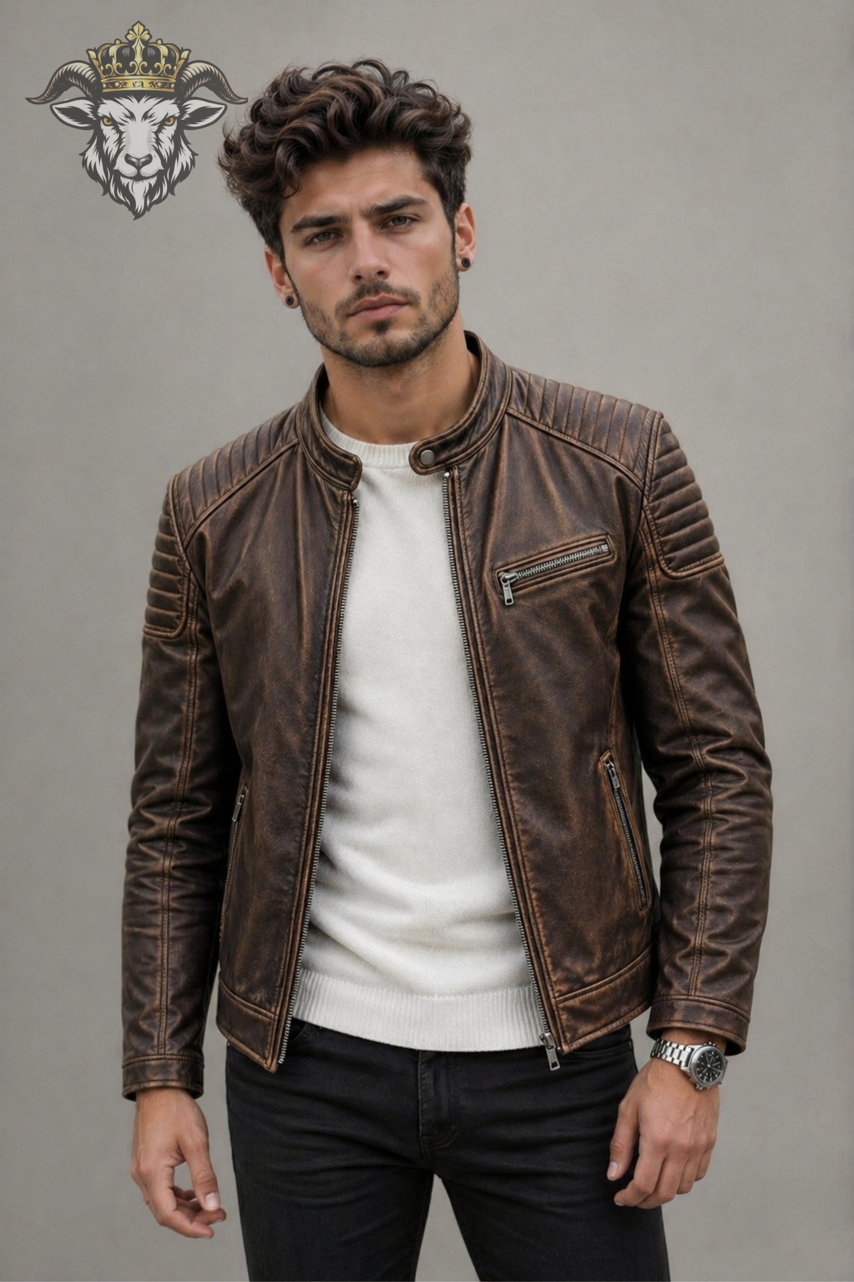 Men’s Distress Brown Real Leather Roadster Jacket