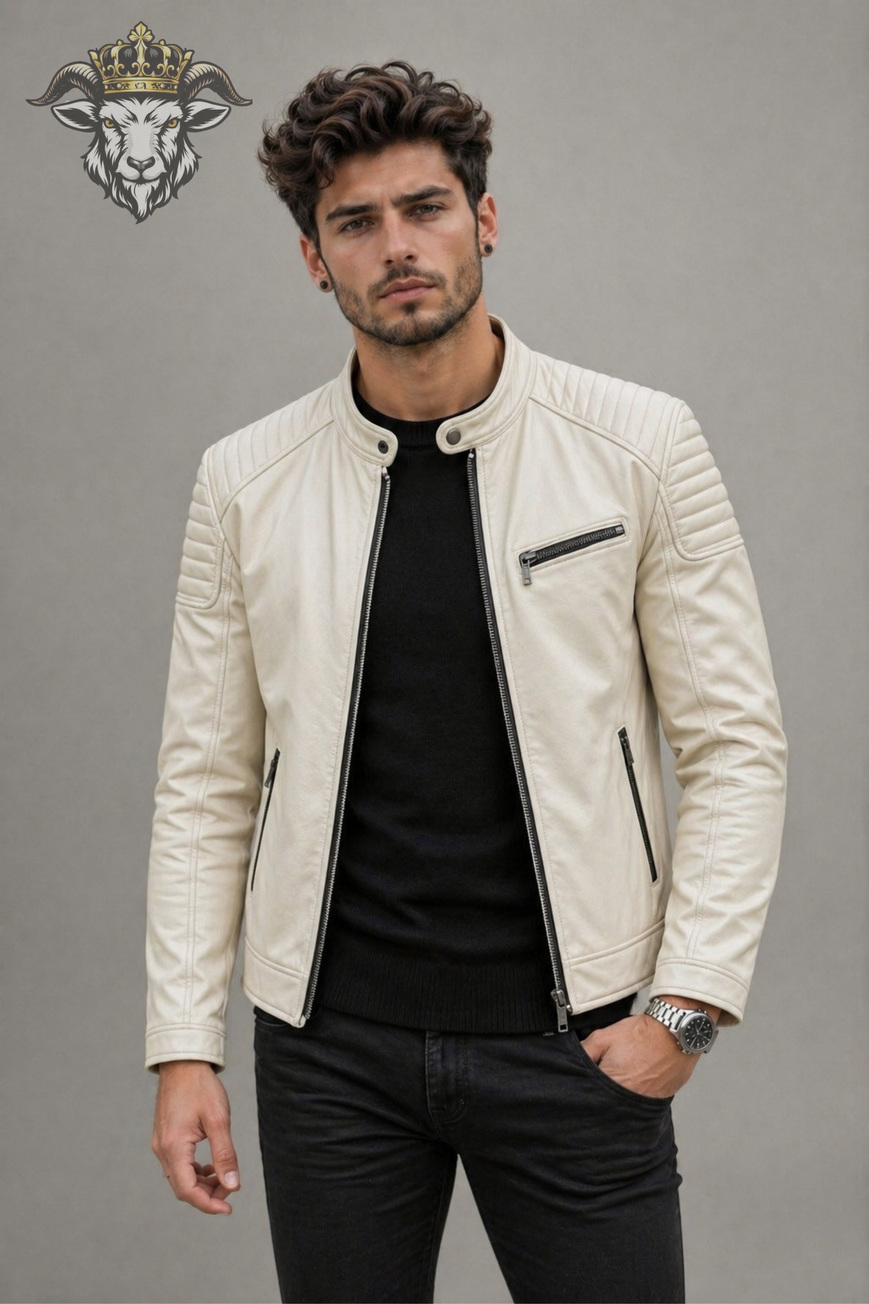Men’s Cream Real Leather Roadster Jacket