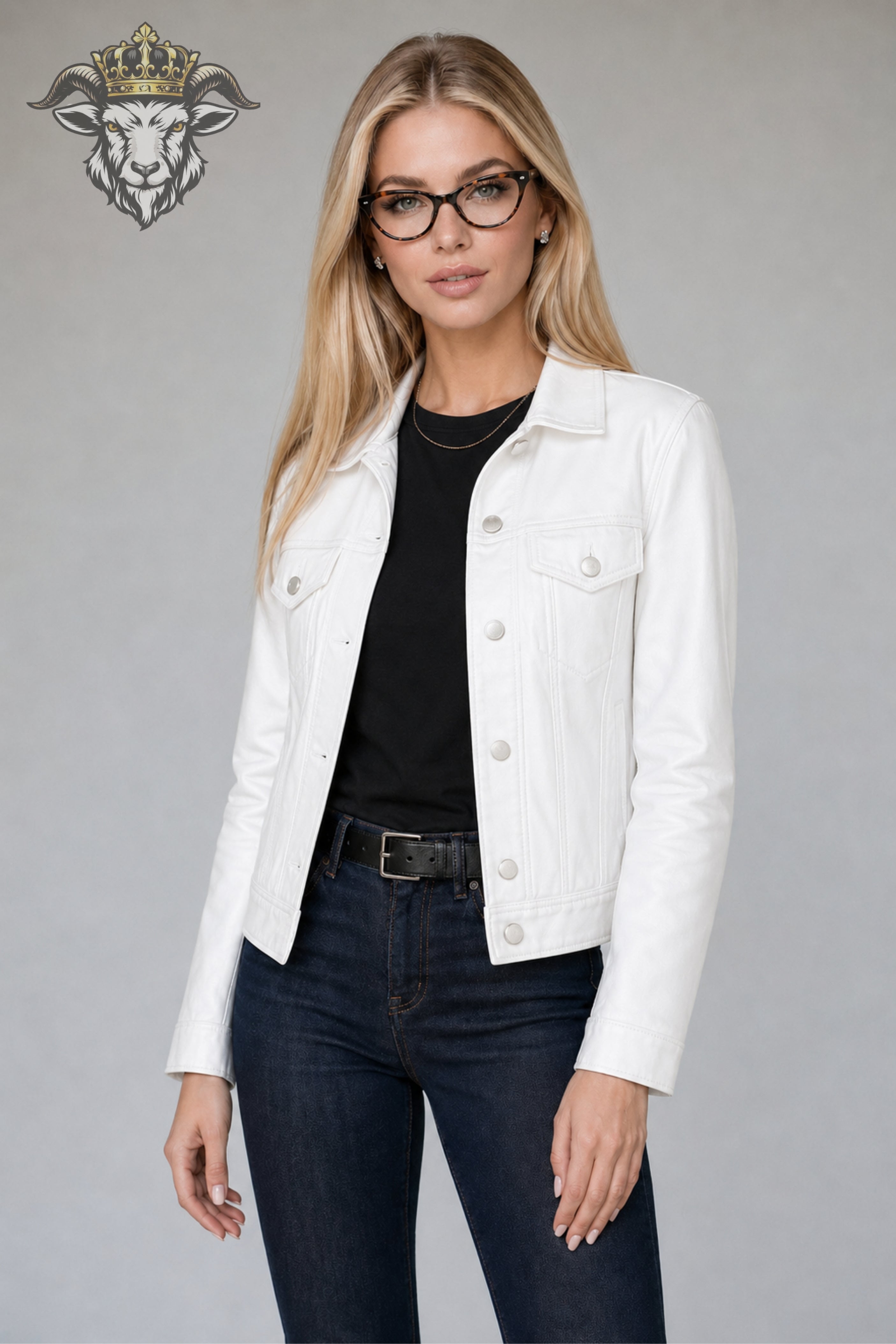 Women’s White Real Leather Trucker Jacket