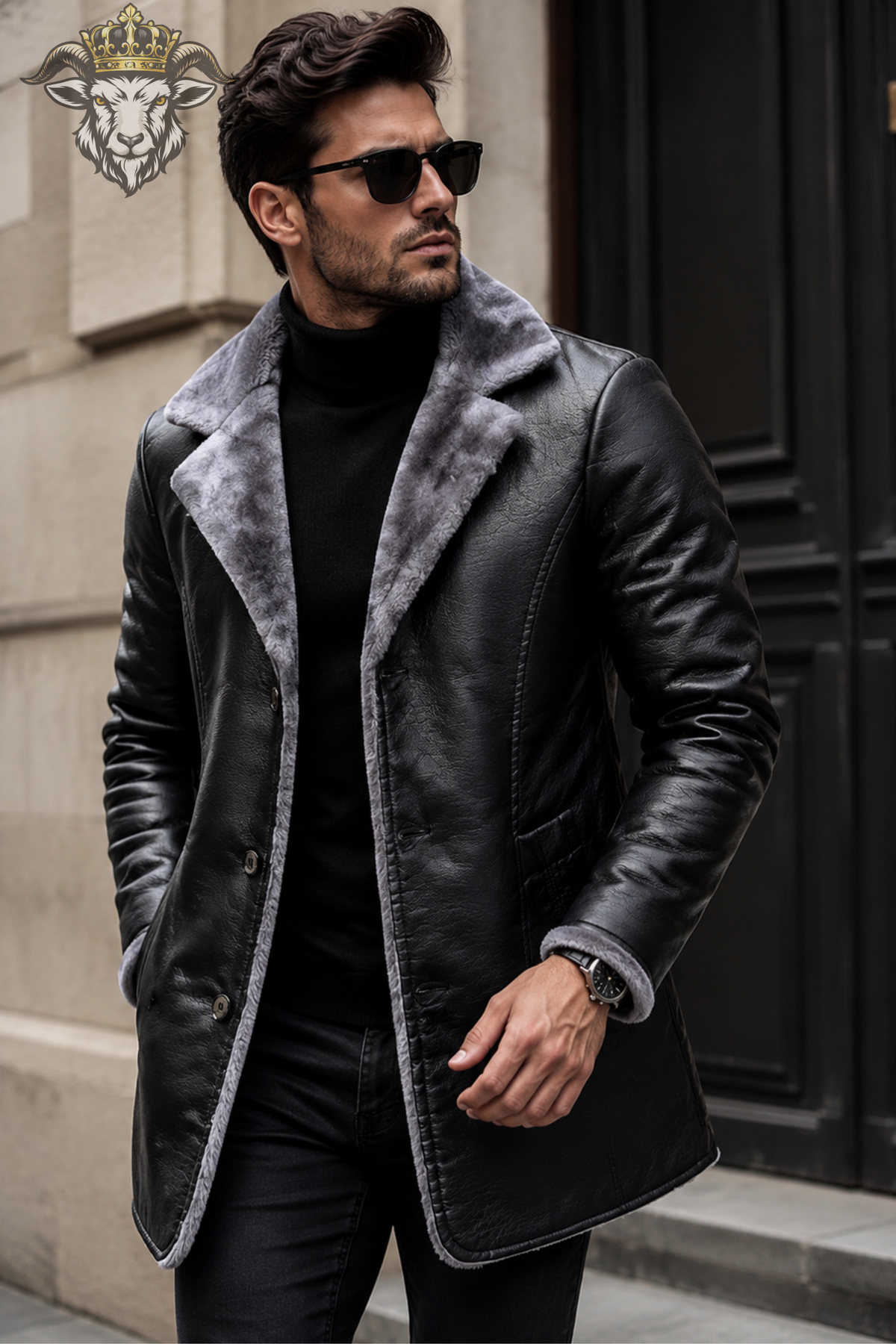 Men’s Black Shearling Leather Coat, Grey Fur Collar Winter Overcoat, Long Leather Jacket, Luxury Biker Trench Coat, Classic Mens Outerwear