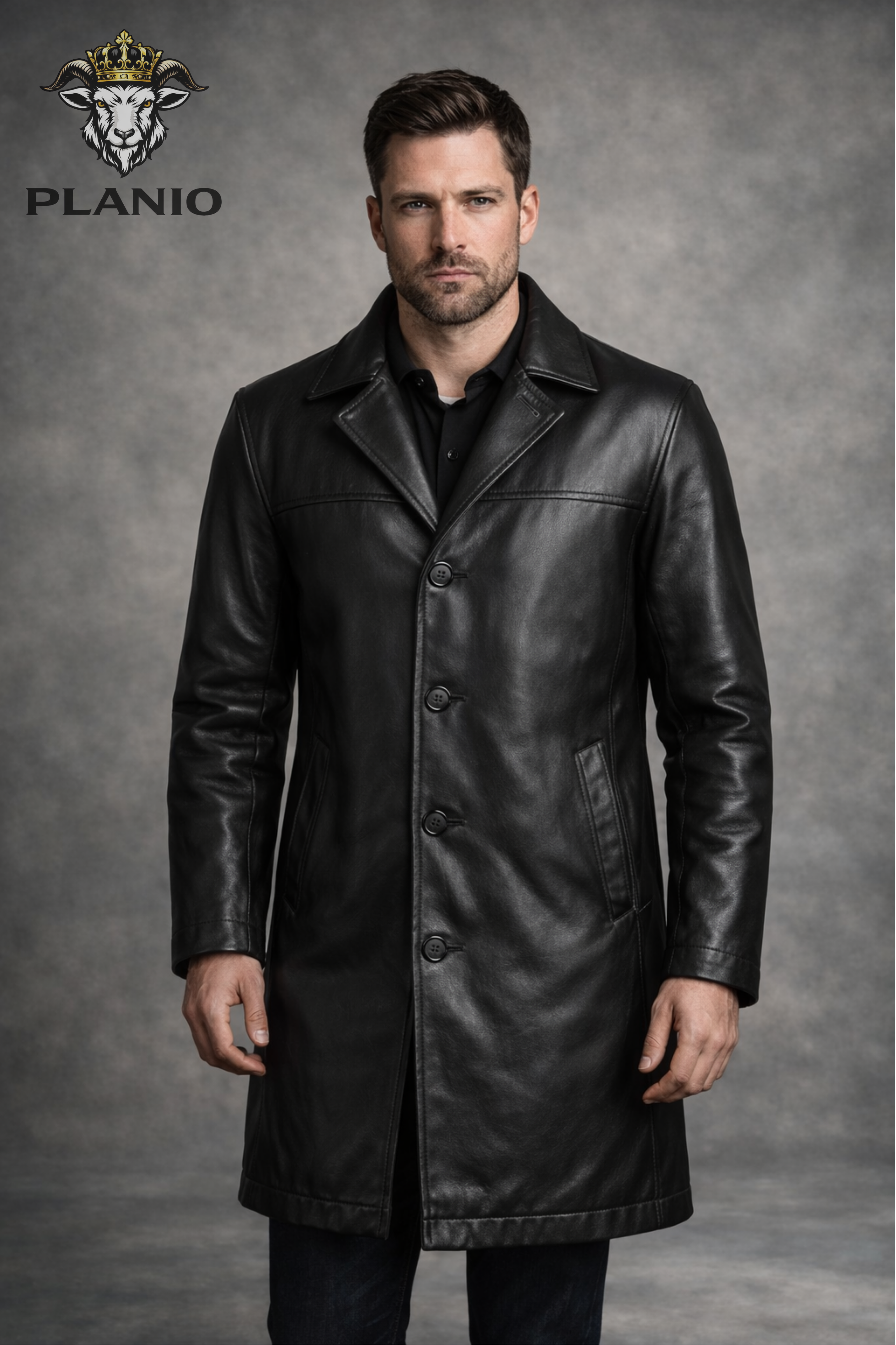 Men’s Black Real Leather Longcoat – Above Knee Button Front Leather Coat