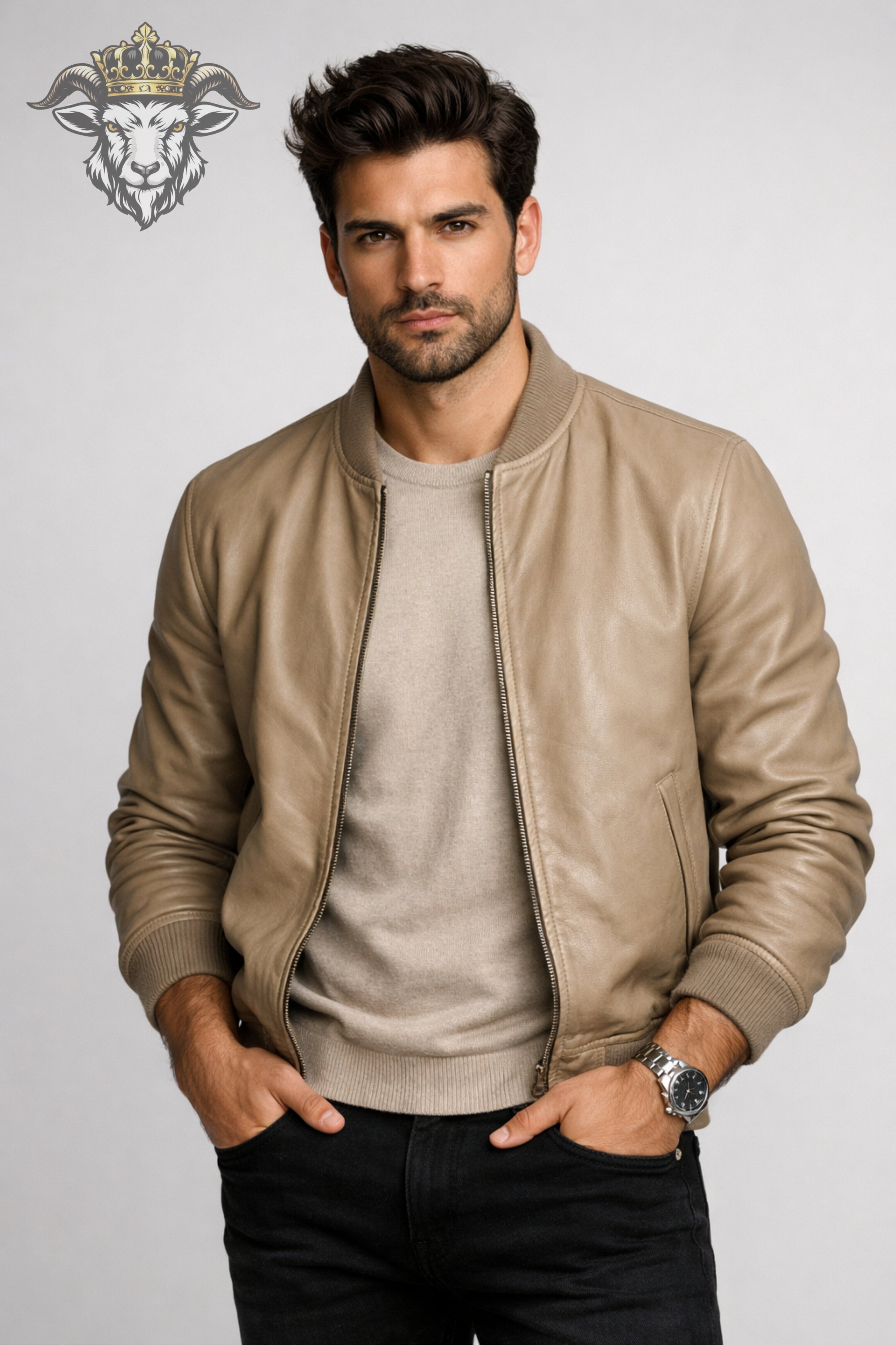 Men’s Beige Real Leather Bomber Jacket
