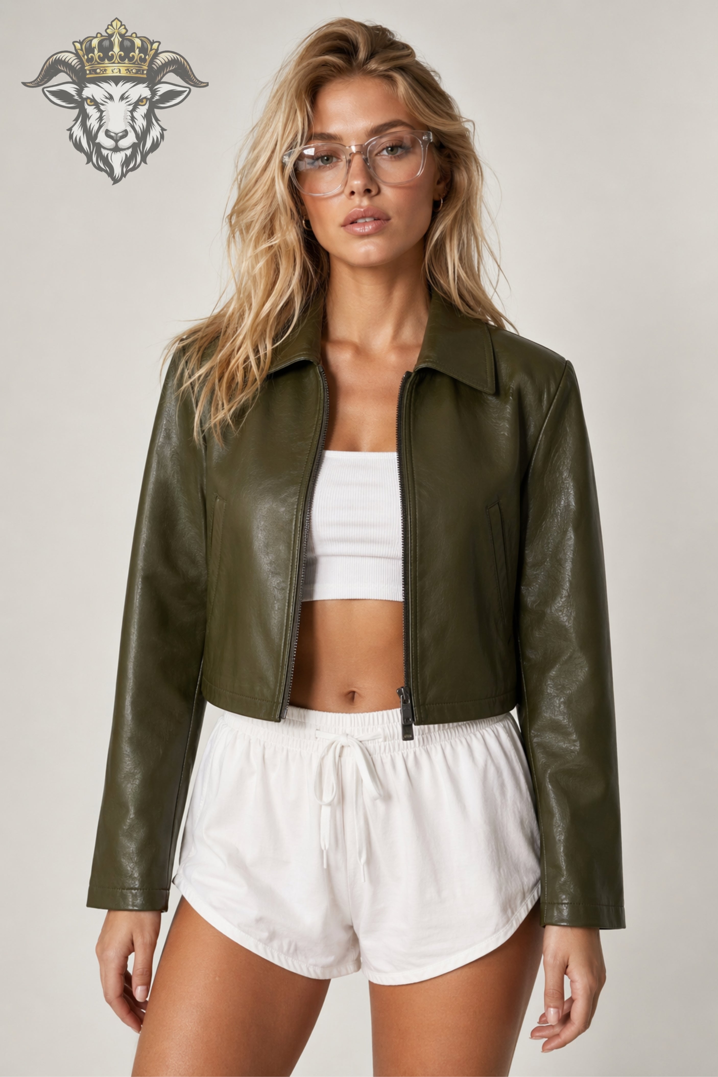 Women’s Olive Green Real Leather Cropped Jacket