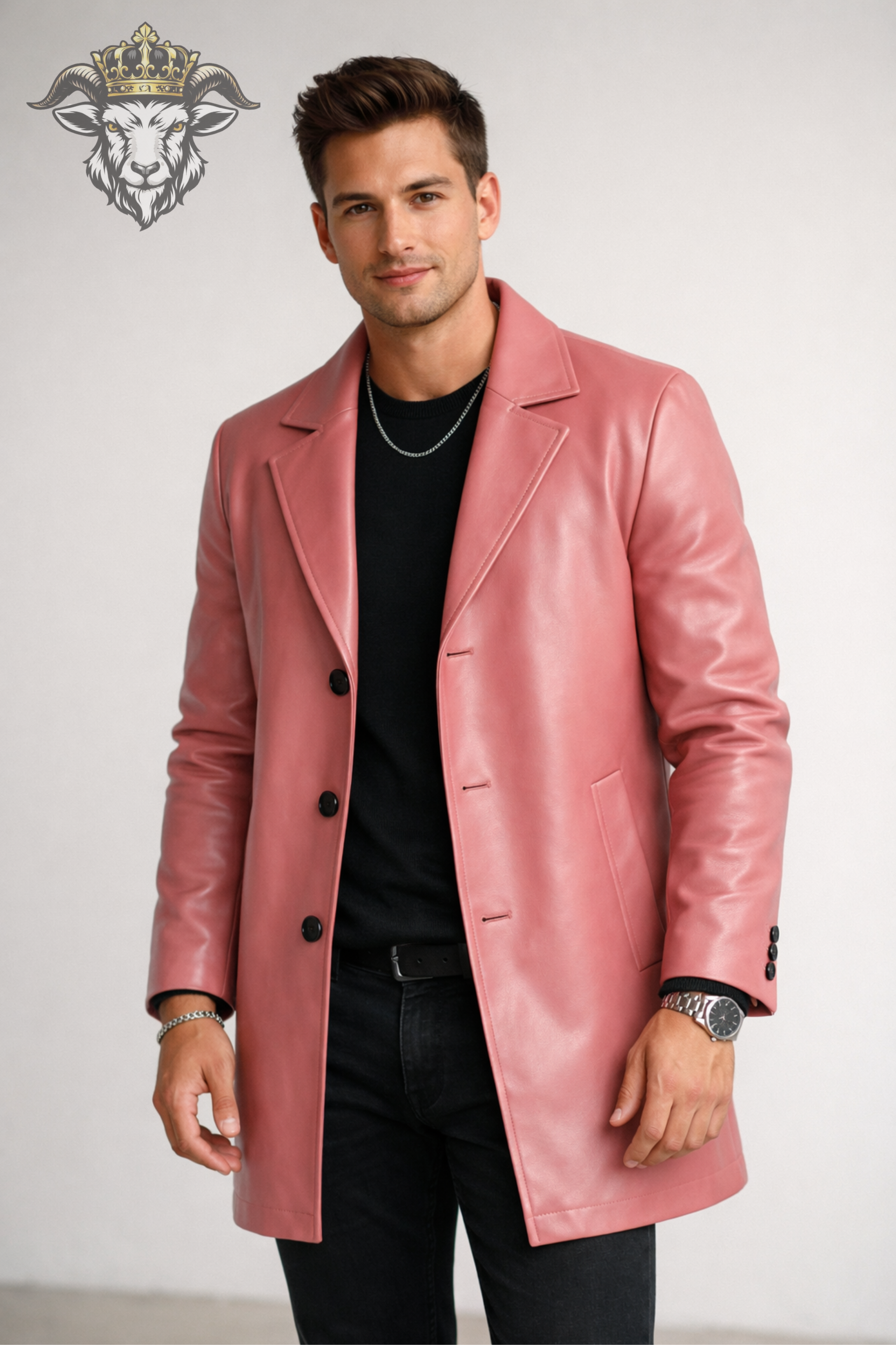Men’s Pink Real Leather Coat – Mid-Thigh Premium Leather Overcoat | Slim Fit Stylish Designer Jacket for Men
