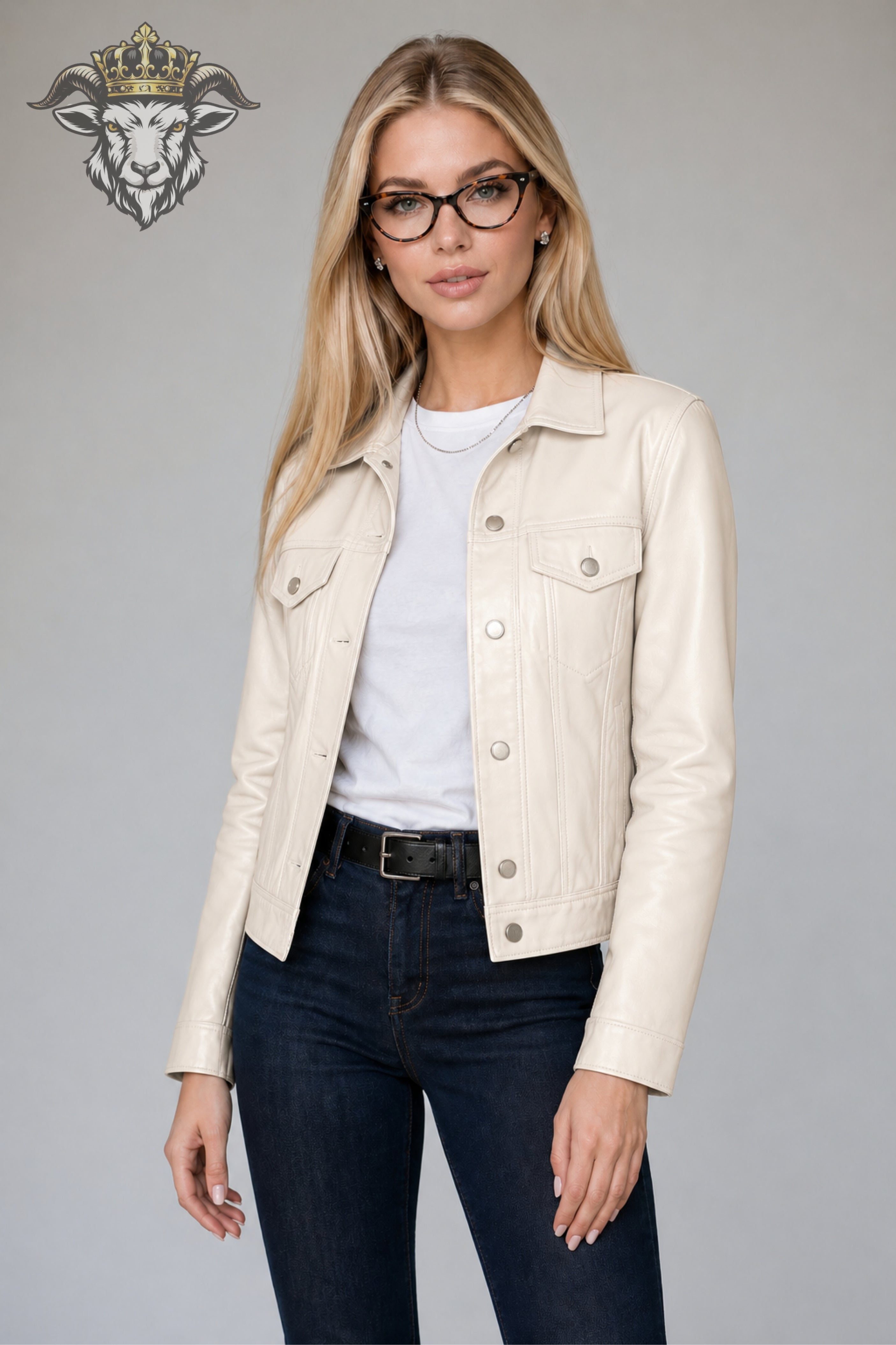Women’s Cream Real Leather Trucker Jacket