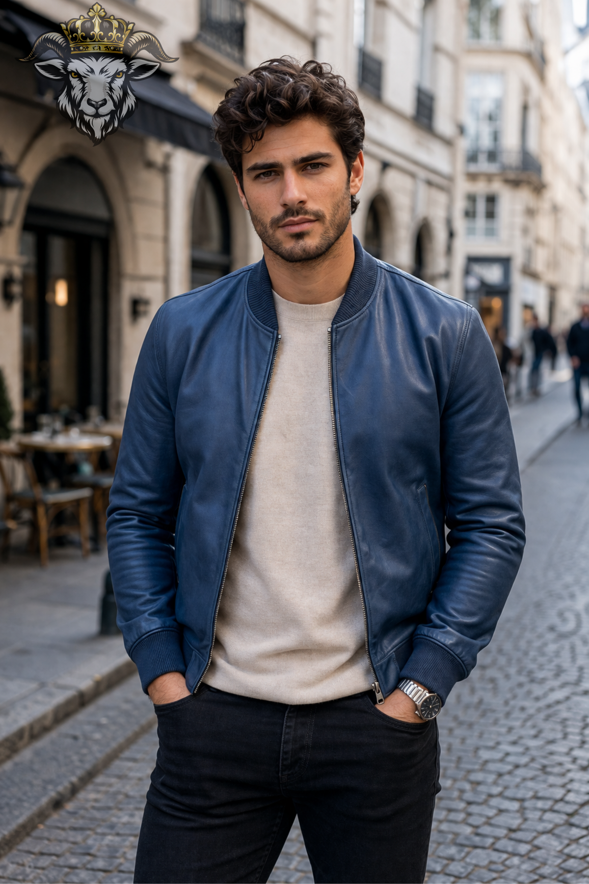 Men's Blue Leather Bomber Jacket, Classic Zip Front Jacket, Ribbed Collar & Cuffs, Modern Casual Streetwear, Stylish Men's Outerwear