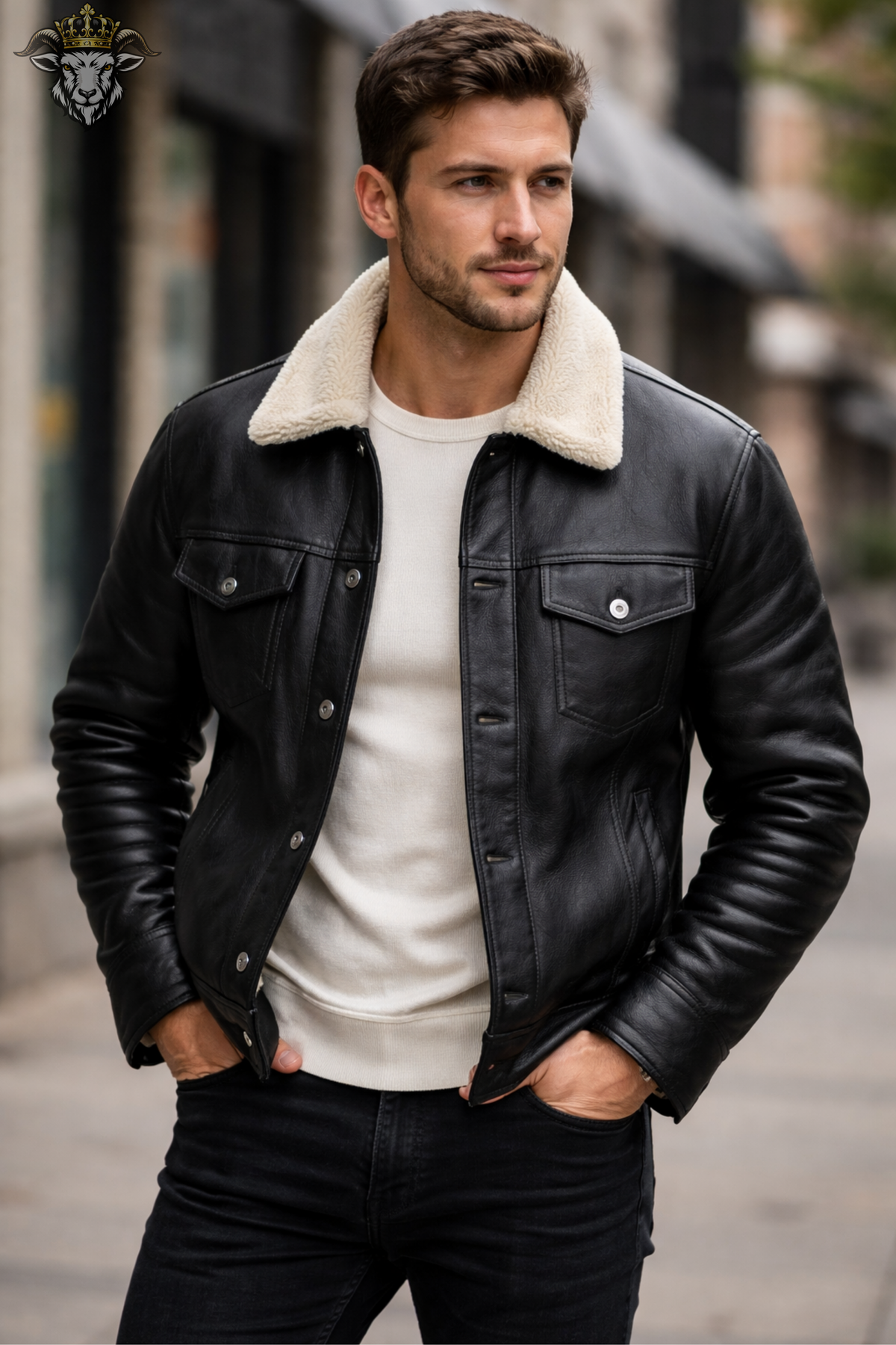Men’s Black Sheepskin Leather Jacket, Shearling Collar Trucker Jacket, Real Leather Winter Coat, Button Front Biker Style Jacket