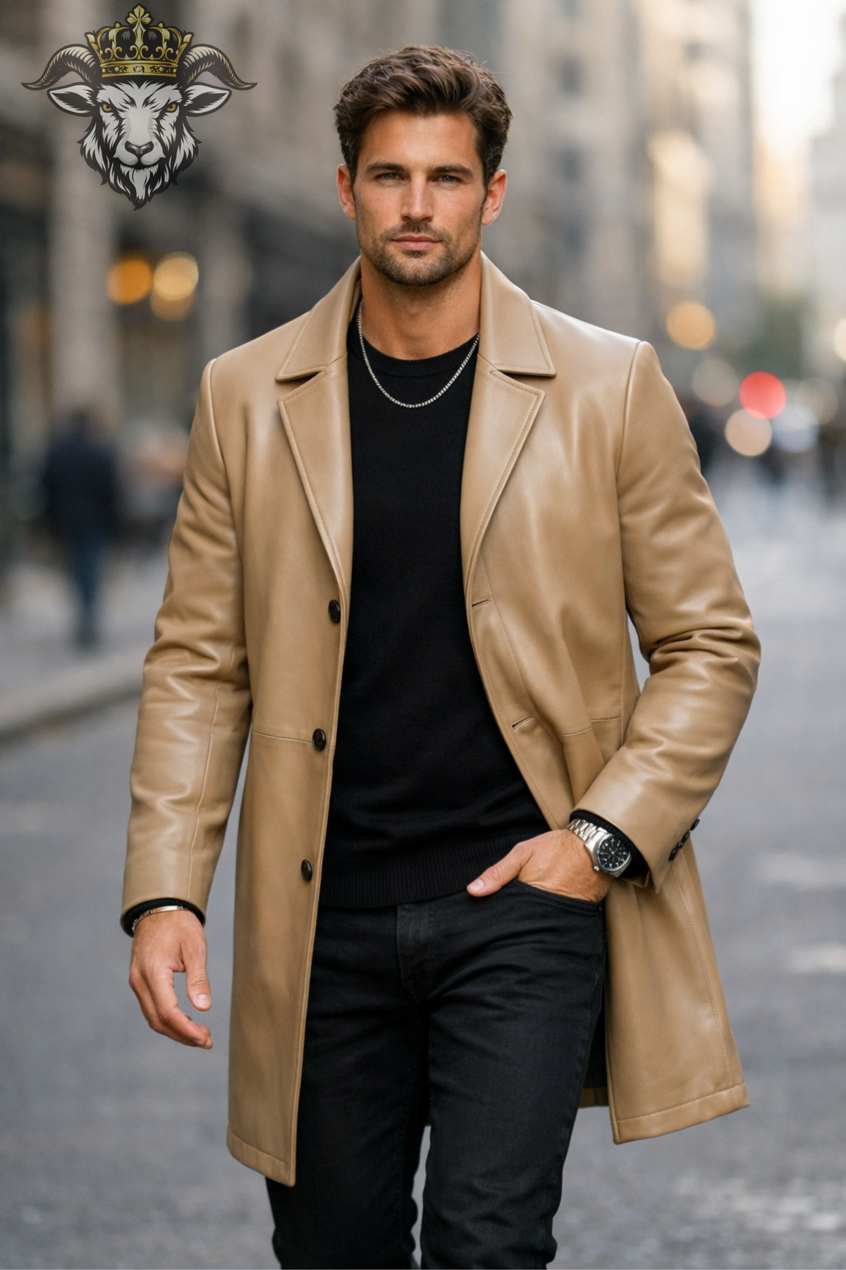 Men's Beige Real Leather Overcoat, Slim Fit Mid-Thigh Coat, Tailored Lapel Jacket, Minimal Classic Leather Outerwear