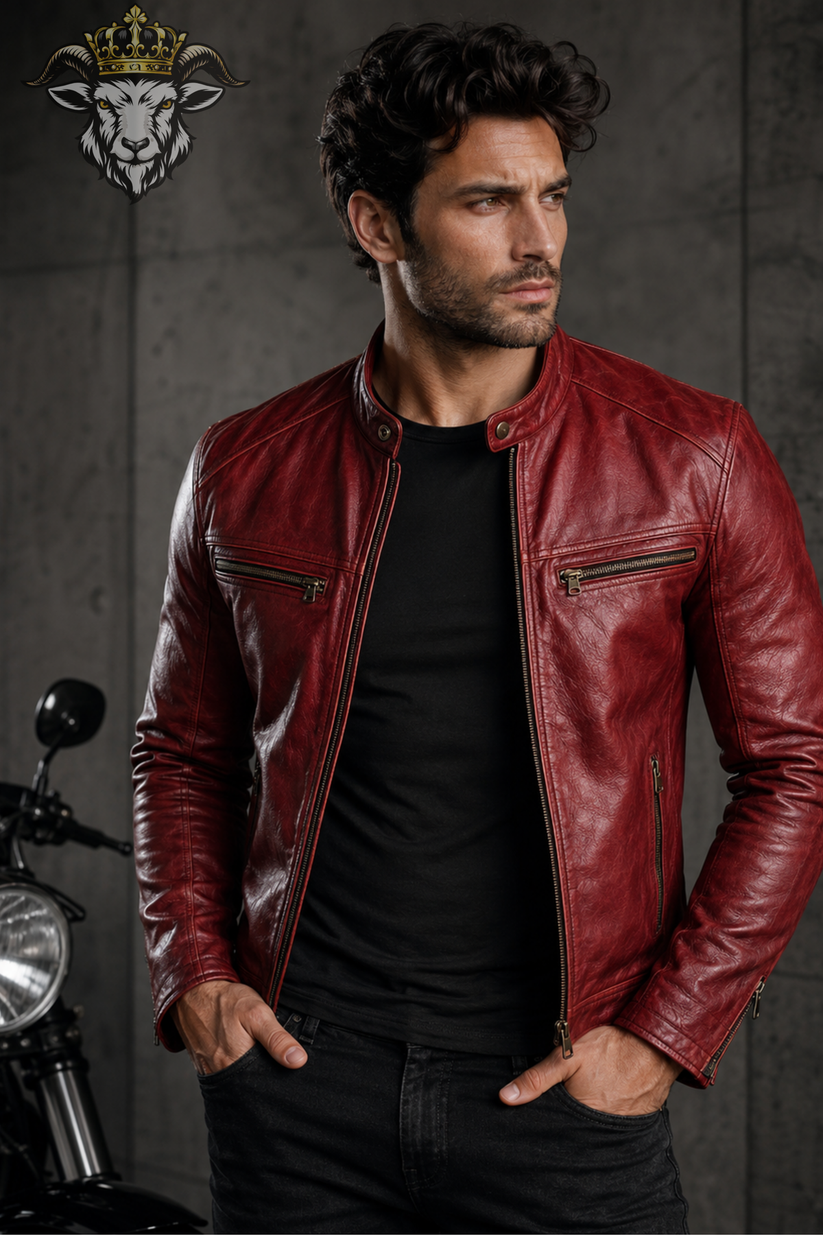 Men's Red Real Leather Biker Jacket, Slim Fit Motorcycle Jacket, Stand Collar Moto Jacket, Men's Red Leather Coat