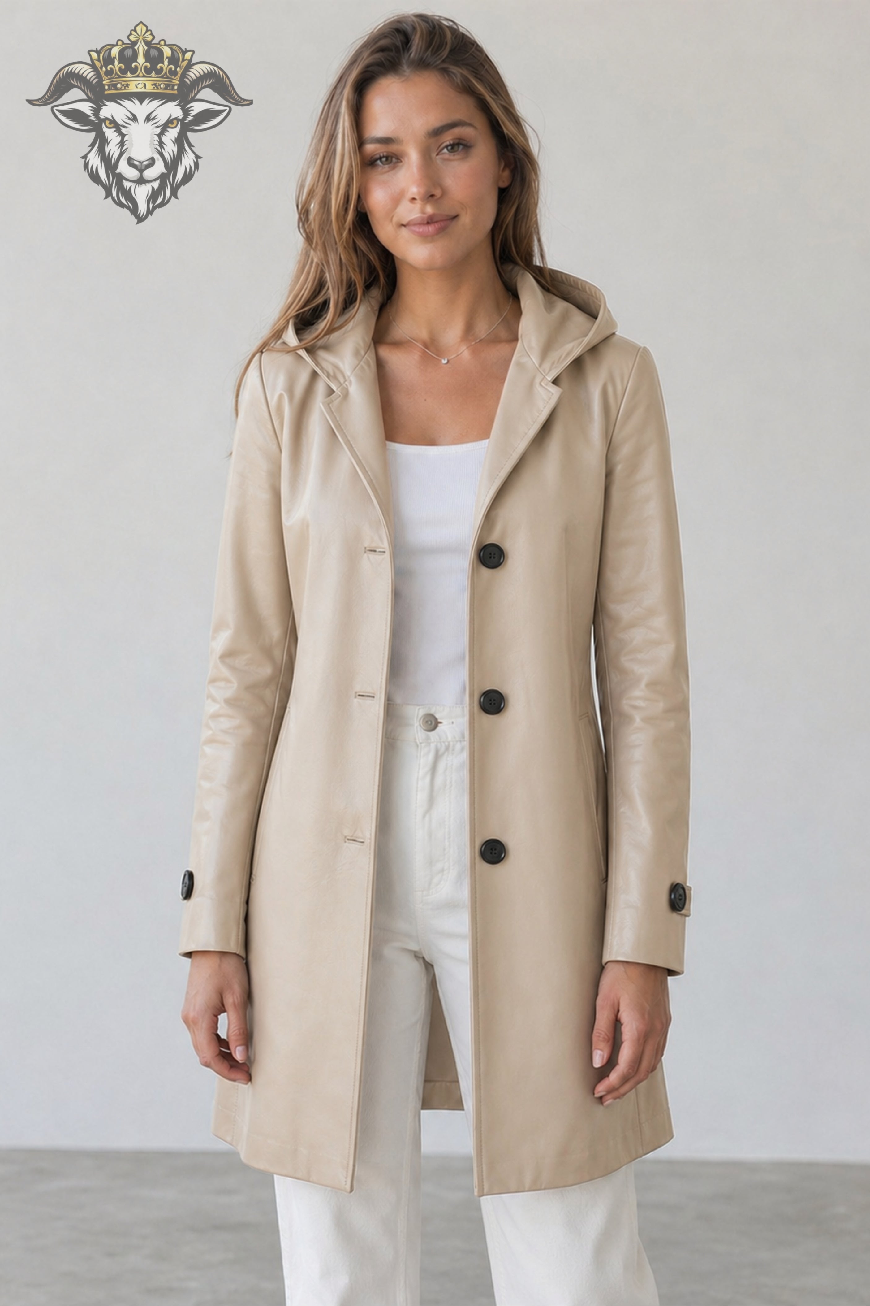 Women’s Beige Real Leather Hooded Coat