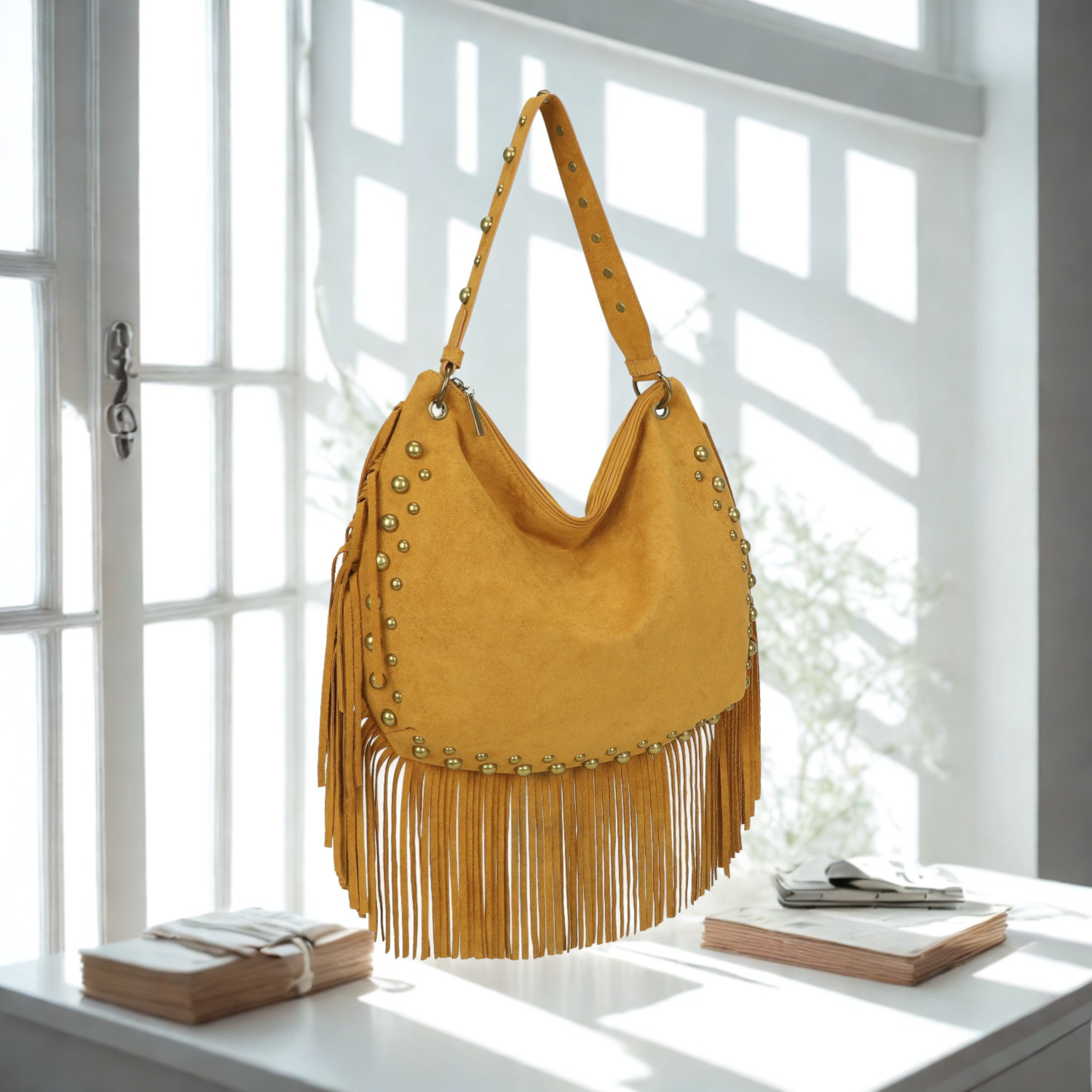 Women’s Suede Effect Studded Tassel Hobo Shoulder Bag – Boho Fringe Handbag with Top Zip Closuret