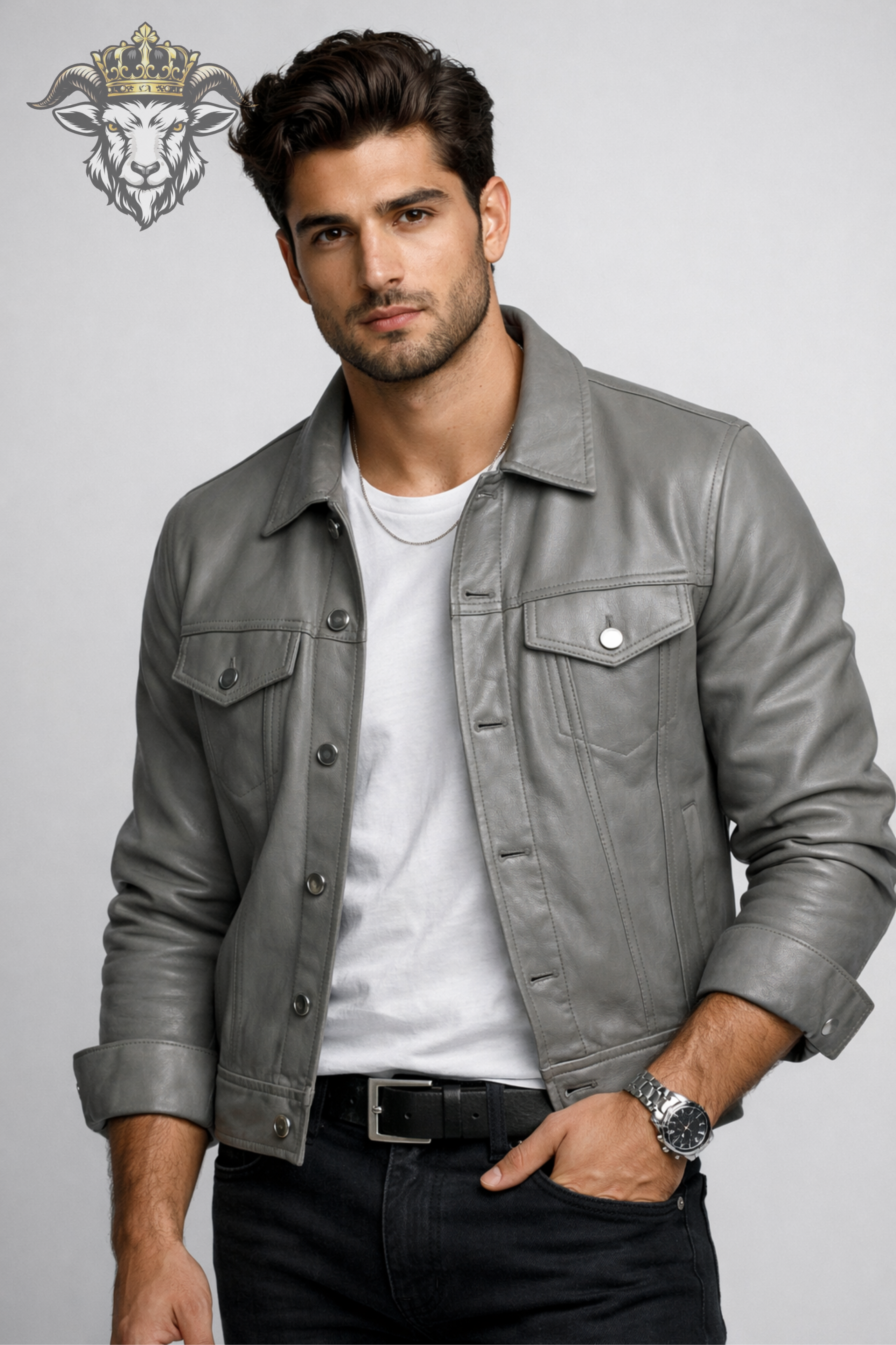 Light Grey Real Leather Jacket for Men